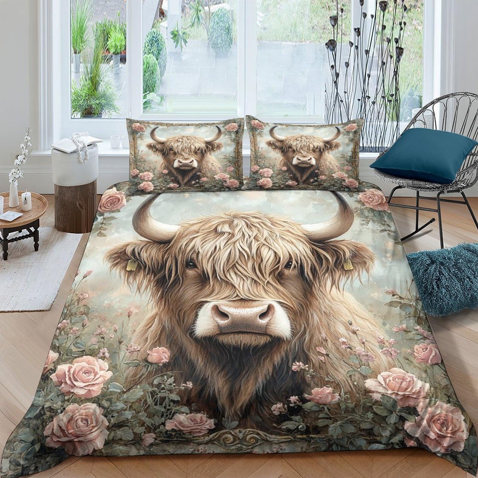 Ctjqhvkz Style-5 3D Printed Highland Cow Fitted Sheet Microfiber Floral Pasture Mattress Cover Bedroom Dorm Room Protection Decor Single（135X200cm）