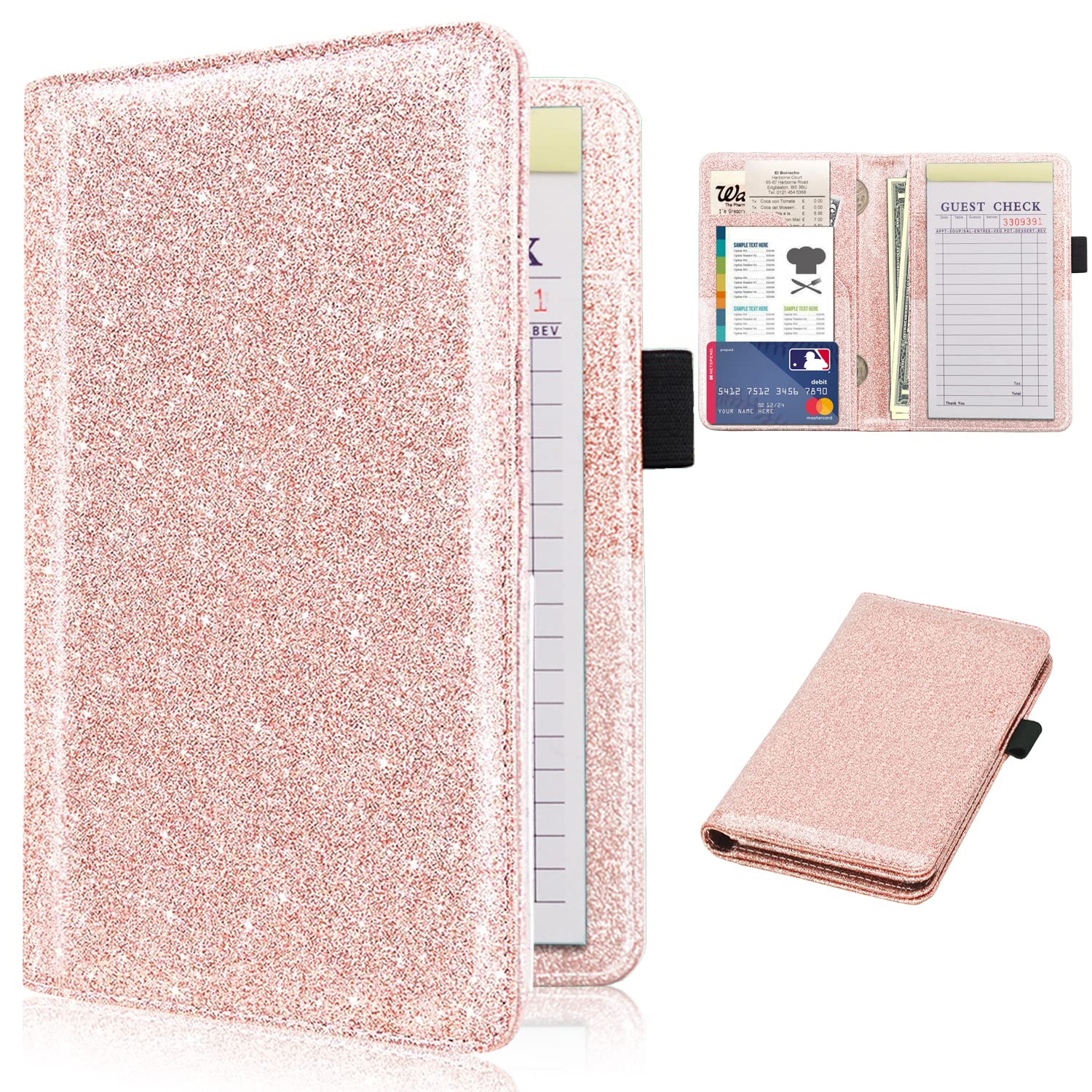 Server Book - RSAquar Deluxe Stylish Server Wallet for Restaurant Waiter Waitress Waitstaff (2020 Edition), 7 Pockets with Pen Holder, Guest Check Book Holder Money Pocket Fit Server Apron, Rose Gold Glitter