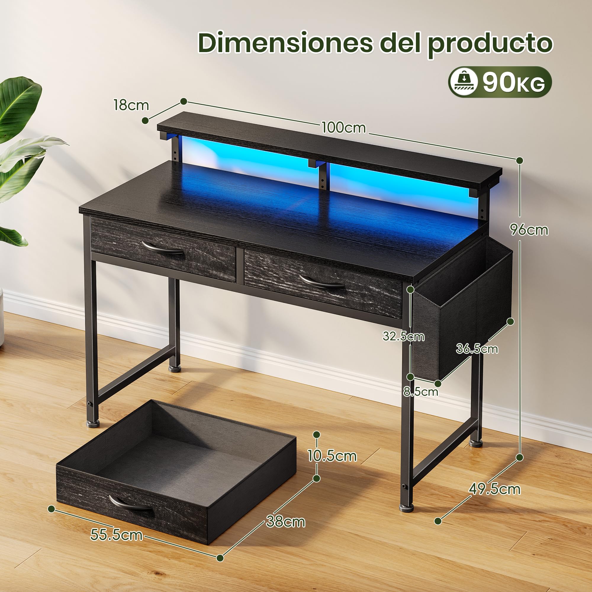 Escritorio con Luces LED y 2 Cajones, 100x50 cm Mesa Gaming con Soporte para Ganchoy Bolsa Lateral, Escritorio RGB con Gancho para Oficina en Casa, Oficina y Habitación Juvenil, Negro