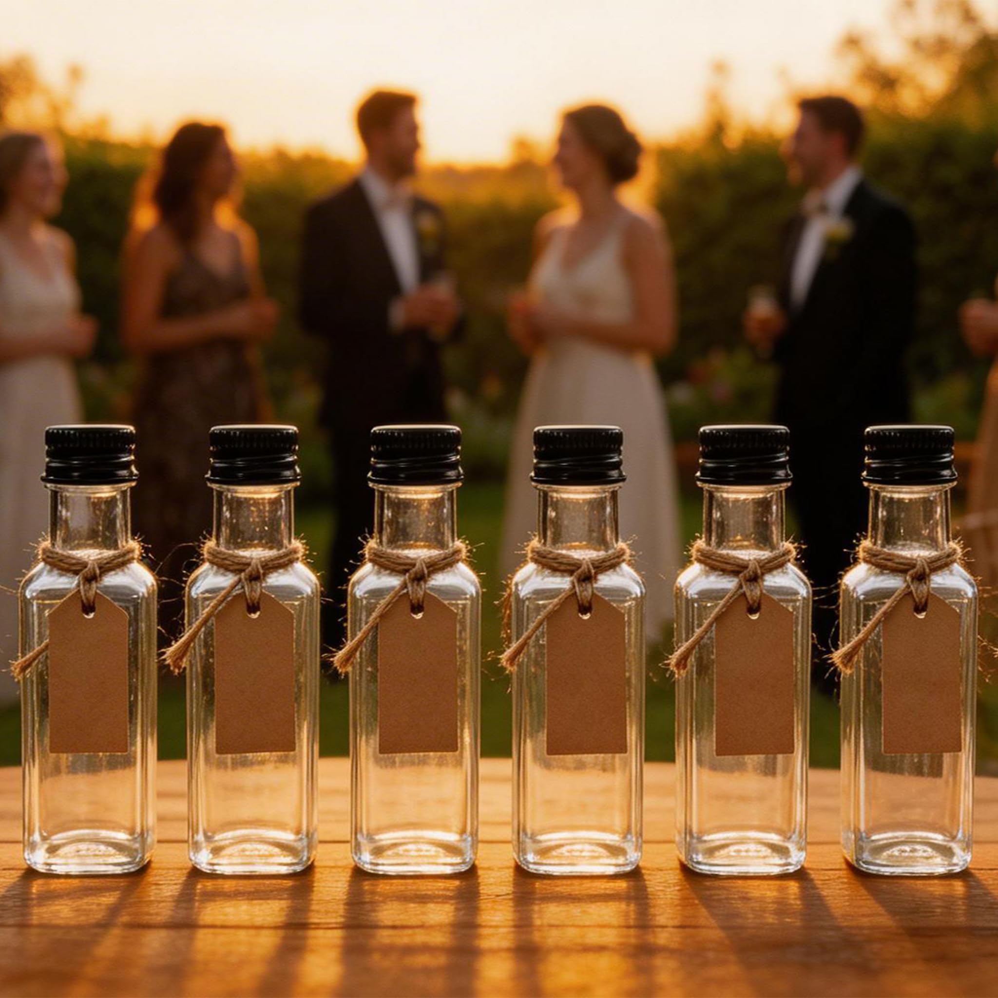 12 Pezzi Piccole Bottiglie da 50ml per riempire, Mini Bottiglie di Liquore con Coperchio e Imbuto Neri, Bottiglie Riutilizzabili per Festa di Nozze (Quadrata)