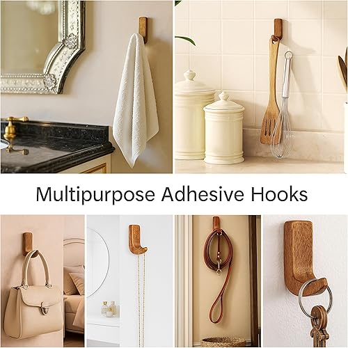 Miniatura 2 de Indian Shelf 6 ganchos, 12 tiras que no dañan pequeños ganchos de pared de madera adhesivos bohemios, gancho de pared decorativo para colgar