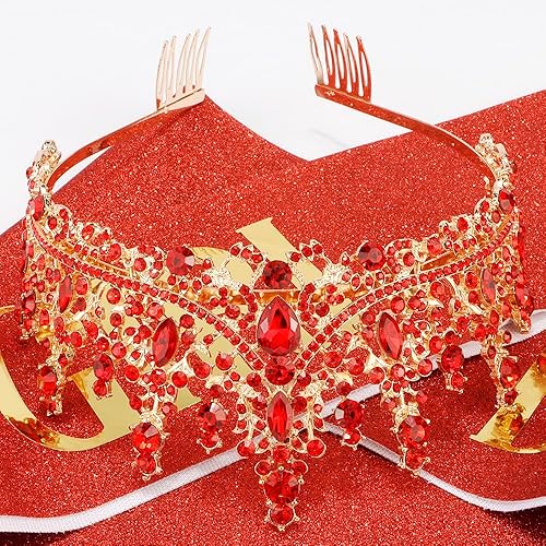 Miniatura 7 de Atoden Tiara roja de cumpleaños para niña, tiaras y coronas para mujeres y niñas, diadema de princesa de cristal, corona de quinceañera, decoración