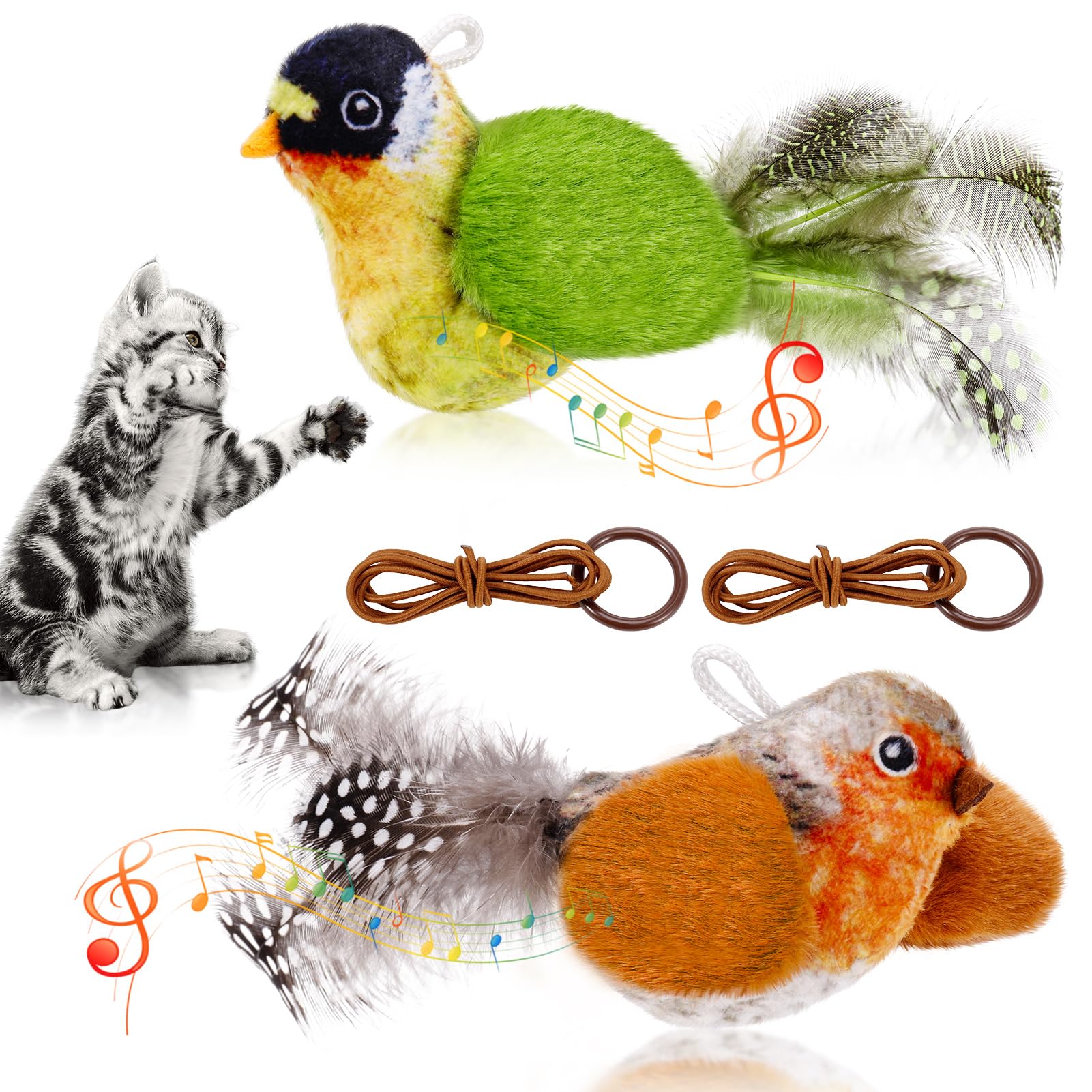 Chirping Bird Cat Toy - 2 Pcs Interactive Melody Chaser with Catnip, Retractable Hanging for Indoor Cats