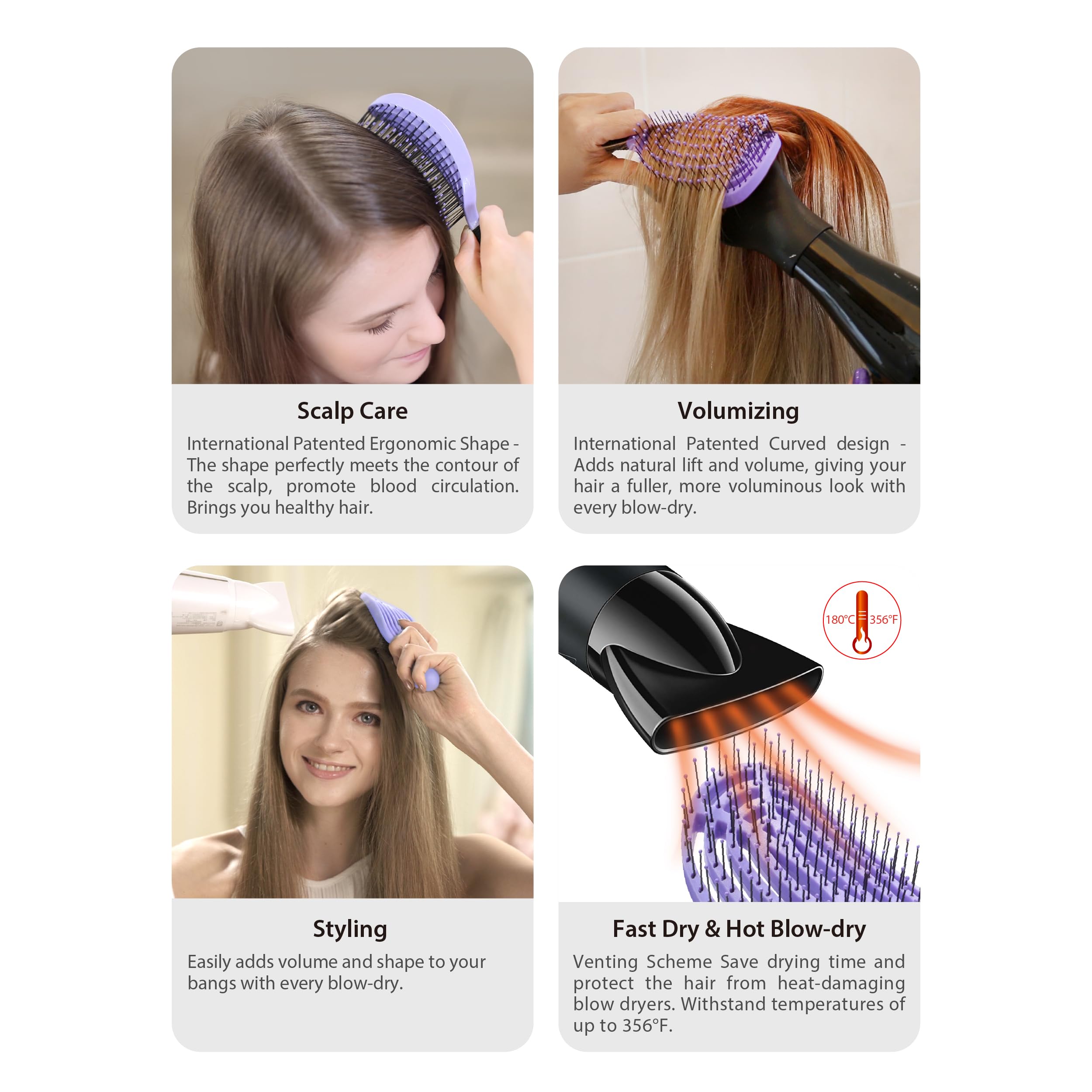 NuWay 4HAIR Opatentowana w USA podwójna zakrzywiona szczotka do rozczesywania DoubleC nadaje się do suszenia włosów (fioletowa)