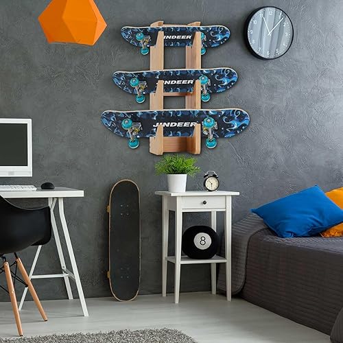 Miniatura 7 de Woanger Paquete de 2 soportes para monopatín, soporte de pared para 3 tablas, soporte de pared de bambú sostenible, soporte de pared para