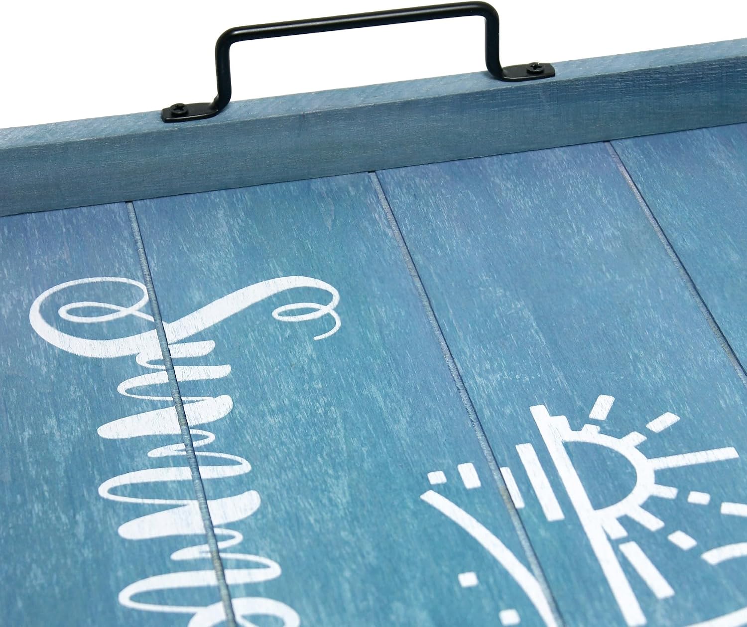 Blue Wash Wooden Serving Tray with Black Metal Handles