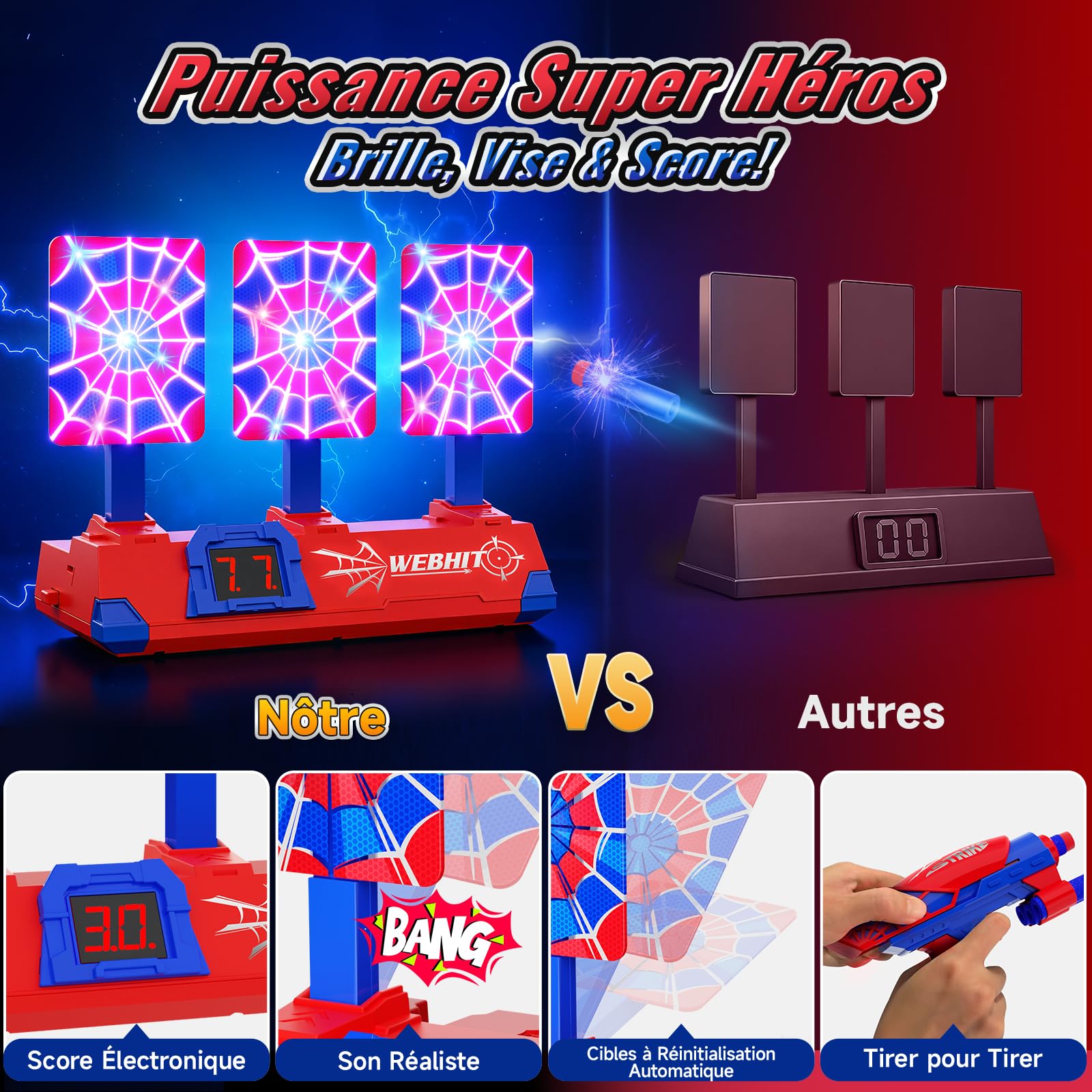 Pistolet Enfant avec Automatiques Lumineux Cible Tir Electronique, Jouet Enfant 3-12 Ans Jeux Exterieur Enfant 3 4 5 6 7 8 9 10 11 Ans Cadeau Garçon 4-11 Ans Cadeaux de Pâques Anniversaire