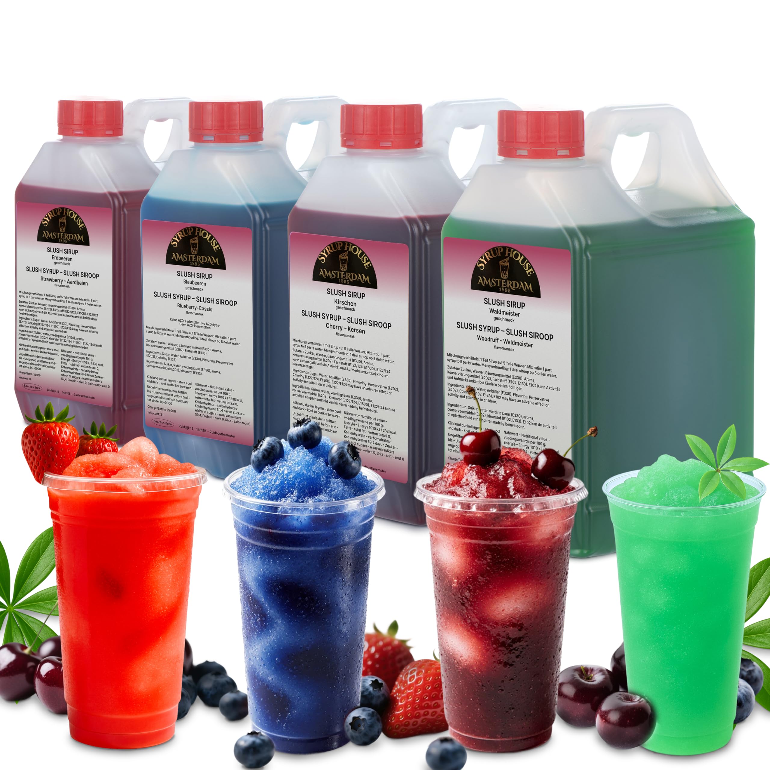 Bacchus Brew 4×0,75L (1:5) Slush Sirup für Ninja Slush Maschine – Slush Eis Sirup für Slush Eis Maschine – Slushy Sirup für Slushy Maker – Blaubeere & Erdbeere & Kirsche & Waldmeister Sirup