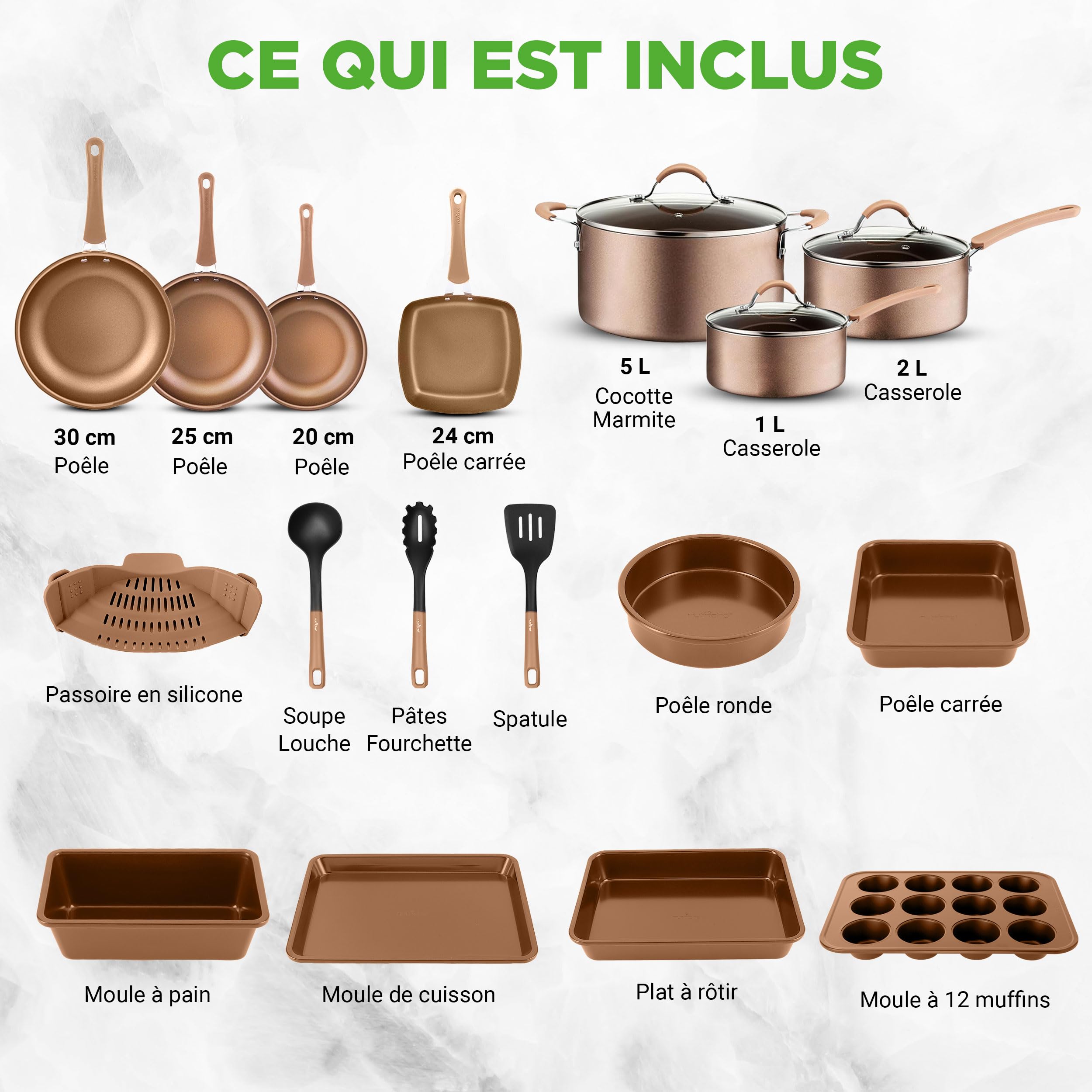 Nutrichef Ensemble de Batterie de Cuisine et de Pâtisserie, Ustensiles de Cuisine et Poêles Antiadhésifs, Adapté pour les Cuisinières à Gaz, Électriques, Induction, Poignées Cool-Touch, 20 Pièces