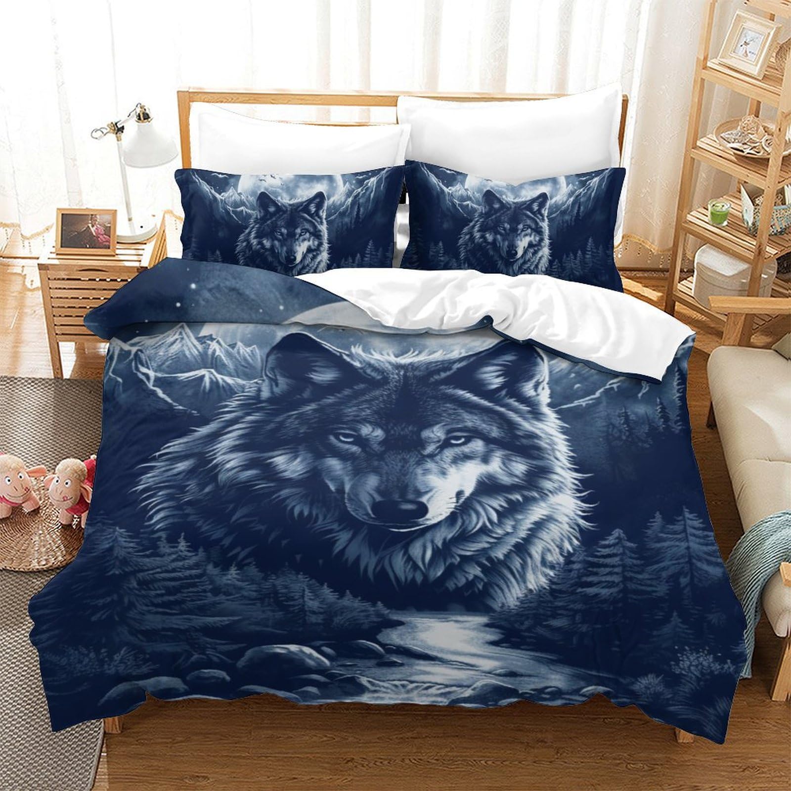 Housse de couette loup 140x200 avec taie d'oreiller en microfibre pour lit une place