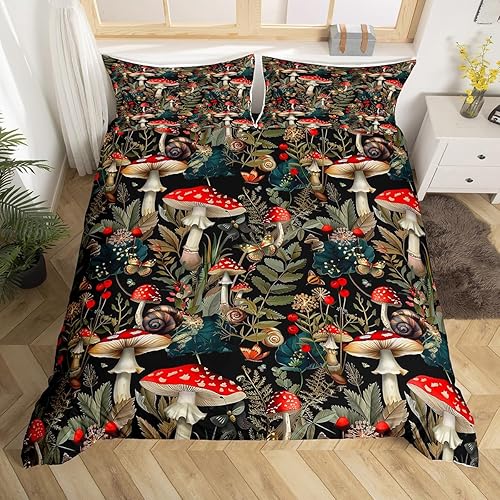 Miniatura 71 de Juego de funda de edredón de 3 piezas, diseño de hongos, diseño de hojas botánicas de acuarela y fresa, para niños, adolescentes, adultos, libélula