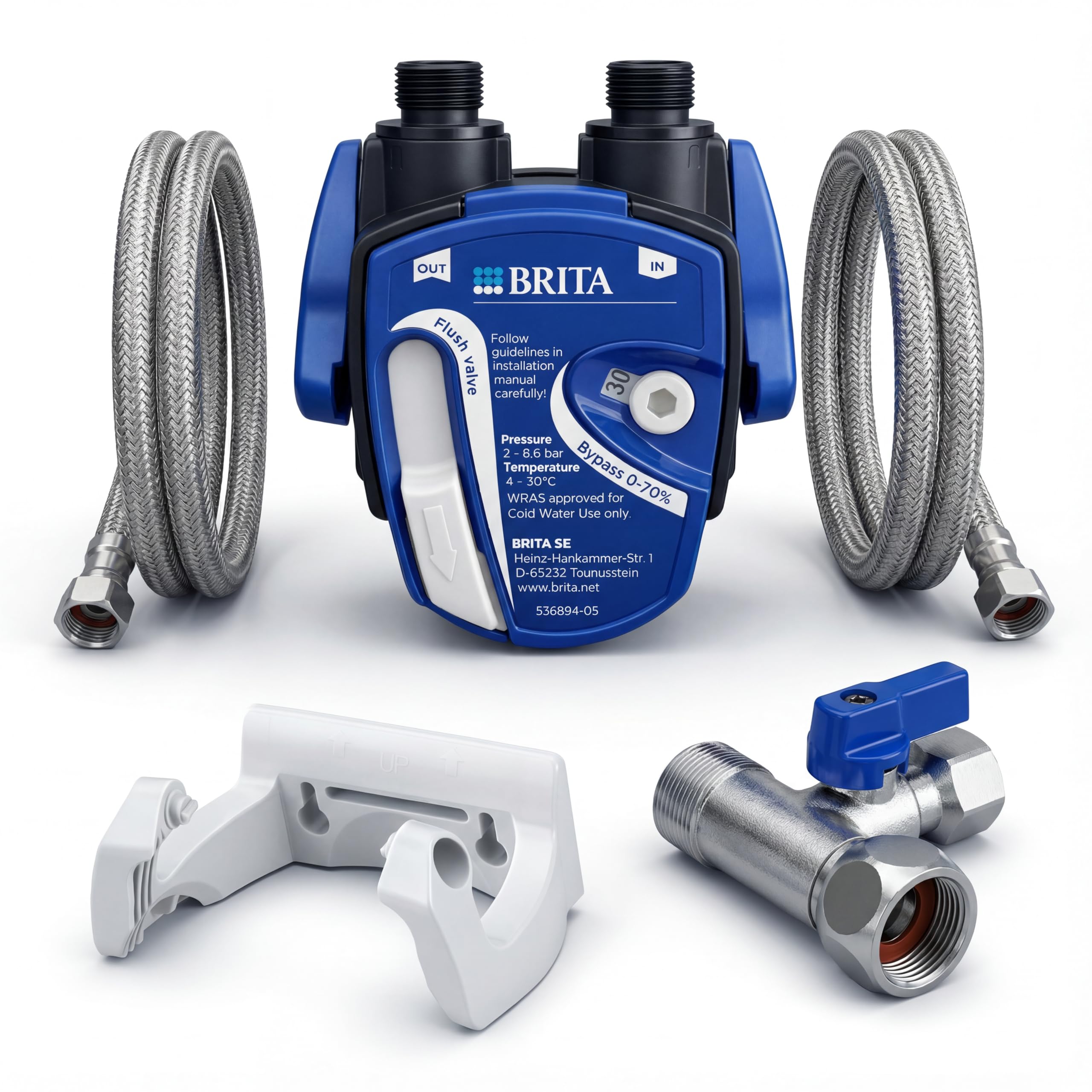 Neues Wasser Group Brita Kit d'installation pour Filtre à Eau sous-évier : tête de Filtre adaptée pour P3000 / C300 / C500 + tuyaux, Adaptateur de Valve d'angle, Support Mural.