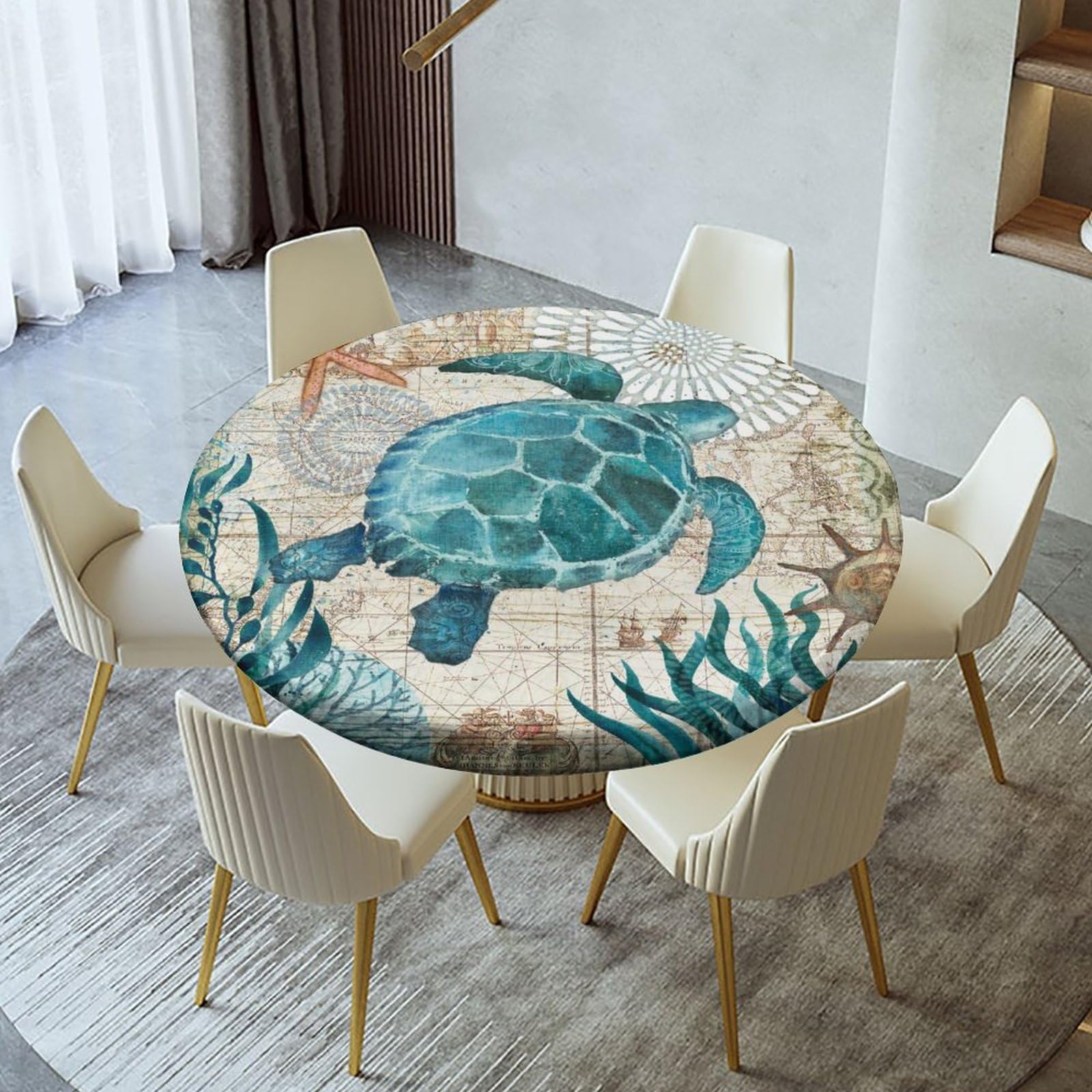 igoga sports Fitted Tablecloth Round, Elastic Edge Table Covers - Indoor Kitchen Dinning Room or Outdoor Picnic Party Dining Tables Decoration Fits Tables Up to 48''-52'' Diameter, Turtle-1