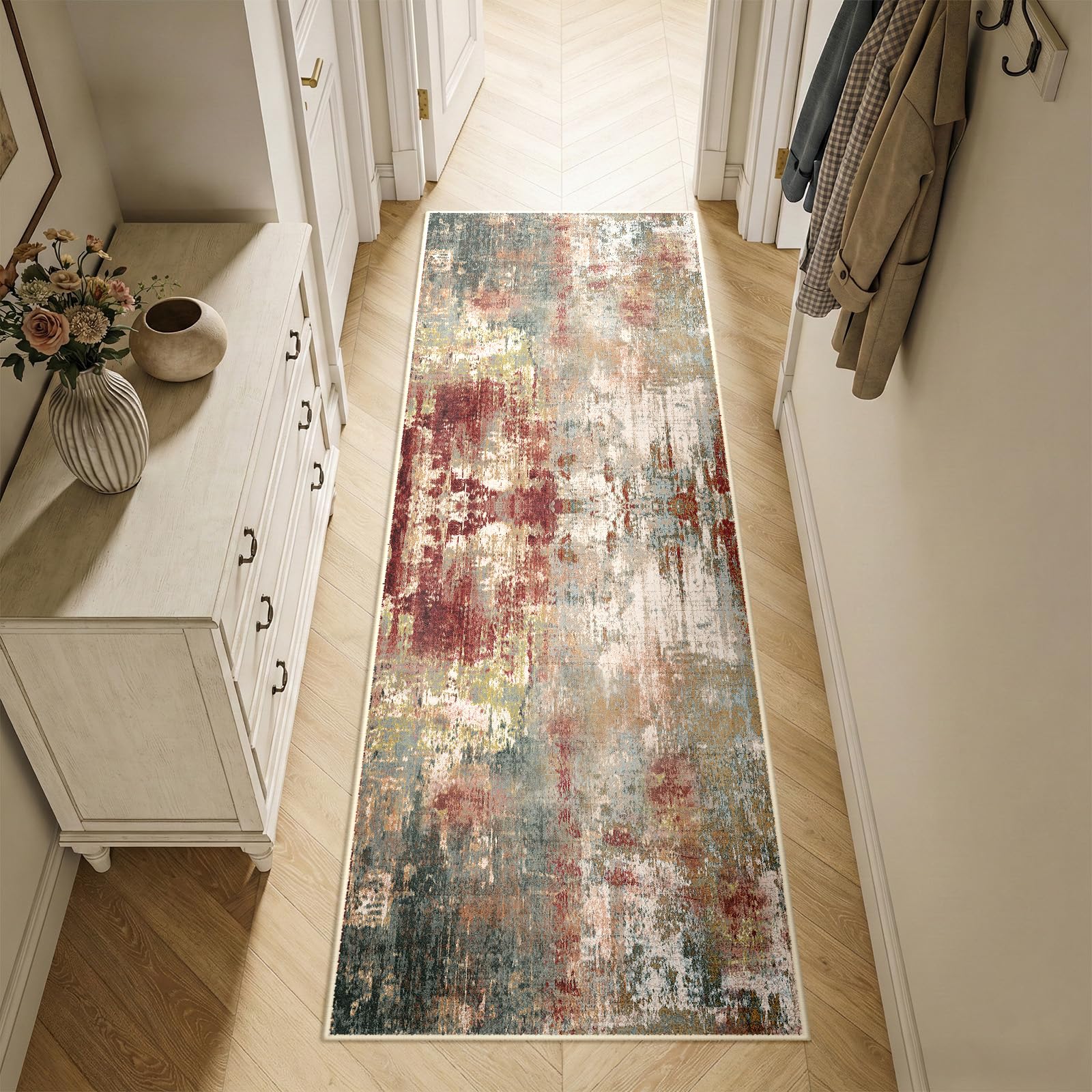 DEFYNEE Modern Abstract Rugs Living Room 60x180 cm Non-Slip Soft Low-Pile Washable Rug for Hallway, Bedroom, and Kitchen-Redbrown