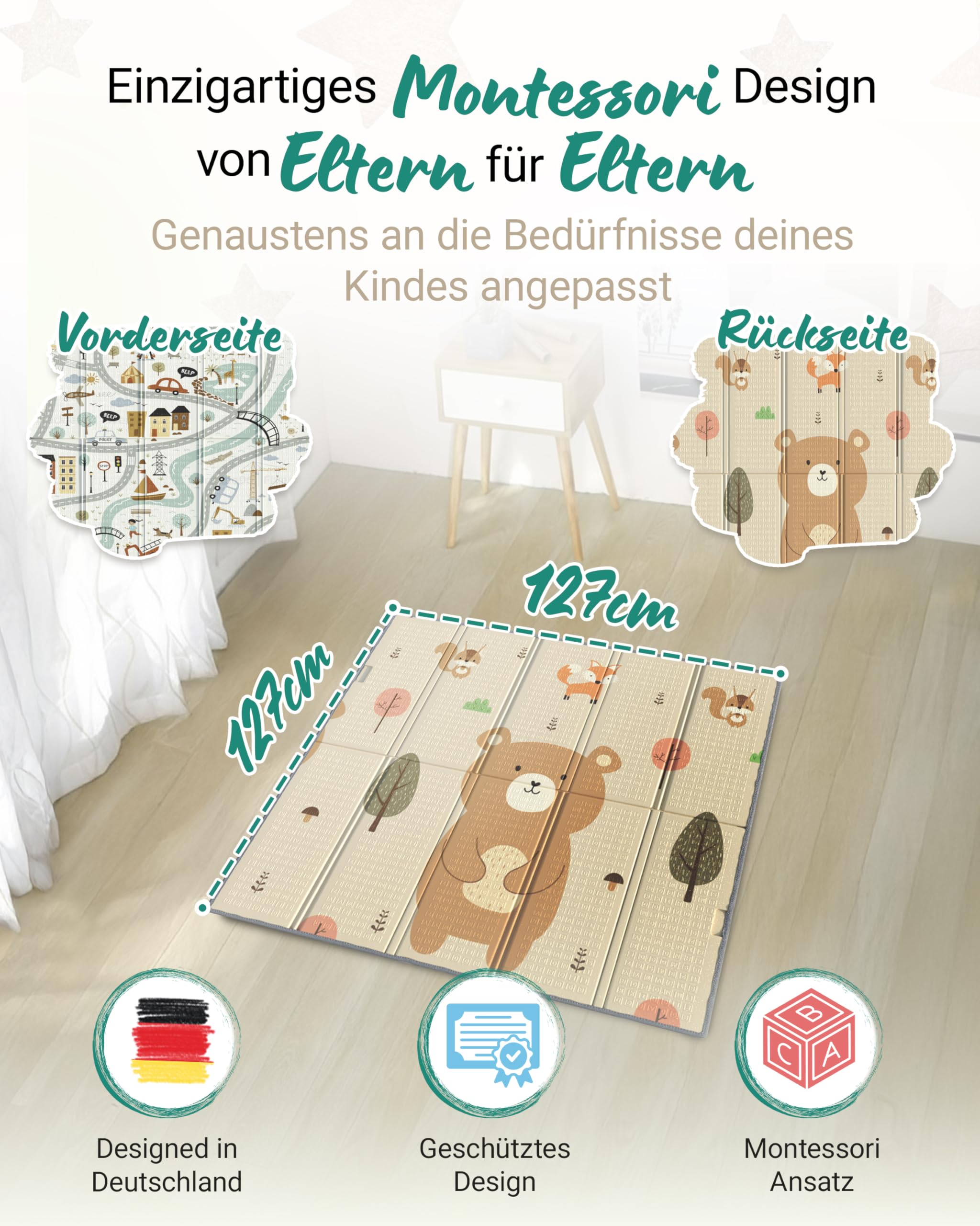 RAWVEL Krabbelmatte baby faltbar [127x127cm / 1cm Dick] Spielmatte Baby faltbar [100% BPA-Frei] Spielmatte Kinder Playmat krabbeldecke Doppelseitig | 2-in-1 Montessori Design | + Tragetasche