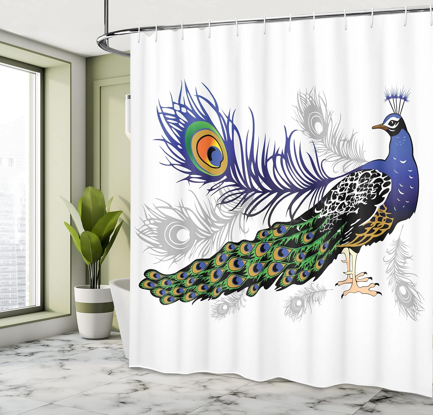 Ambesonne Peacock Shower Curtain, Male Peacock Feathers Springtime Wilderness Crowned Majestic Animal Pattern, Cloth Fabric Bathroom Decor Set with Hooks, 69" W x 84" L, Night Blue Charcoal Grey