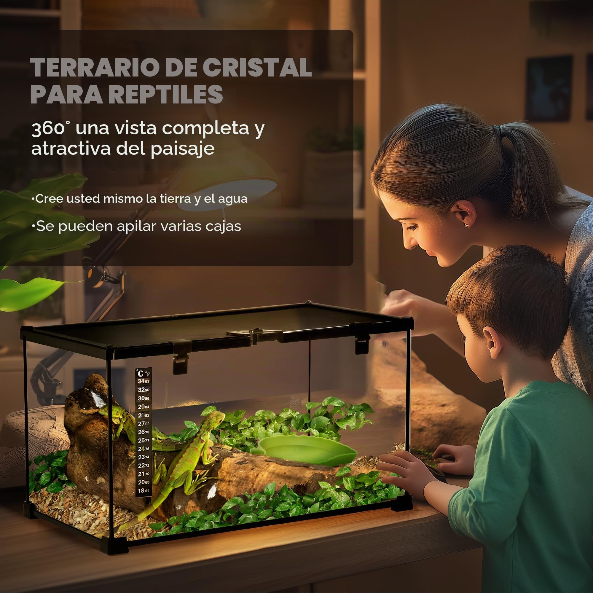 PawHut - Caja de reptiles (50 x 30 x 25 cm), color negro