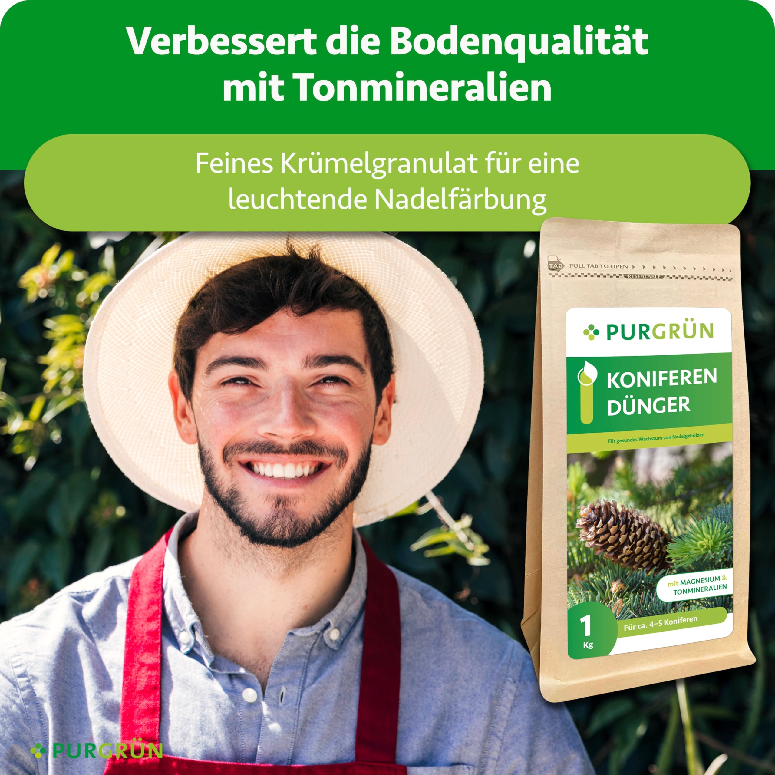Koniferendünger 1 kg – Extra Magnesium für leuchtend grüne Nadeln – Verbessert die Bodenqualität – Organisch-mineralische Rezeptur – Feines Krümelgranulat – NPK 8+4+5 – Für 4-5 Pflanzen