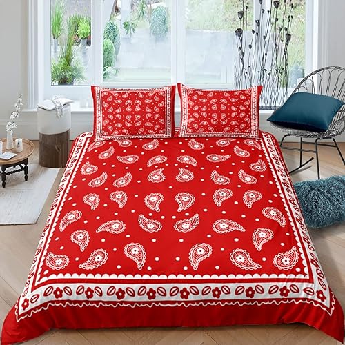 Miniatura 8 de Juego de funda de edredón de bandana roja, tamaño individual, diseño de cachemira, 2 piezas, decoración de dormitorio, funda de edredón de