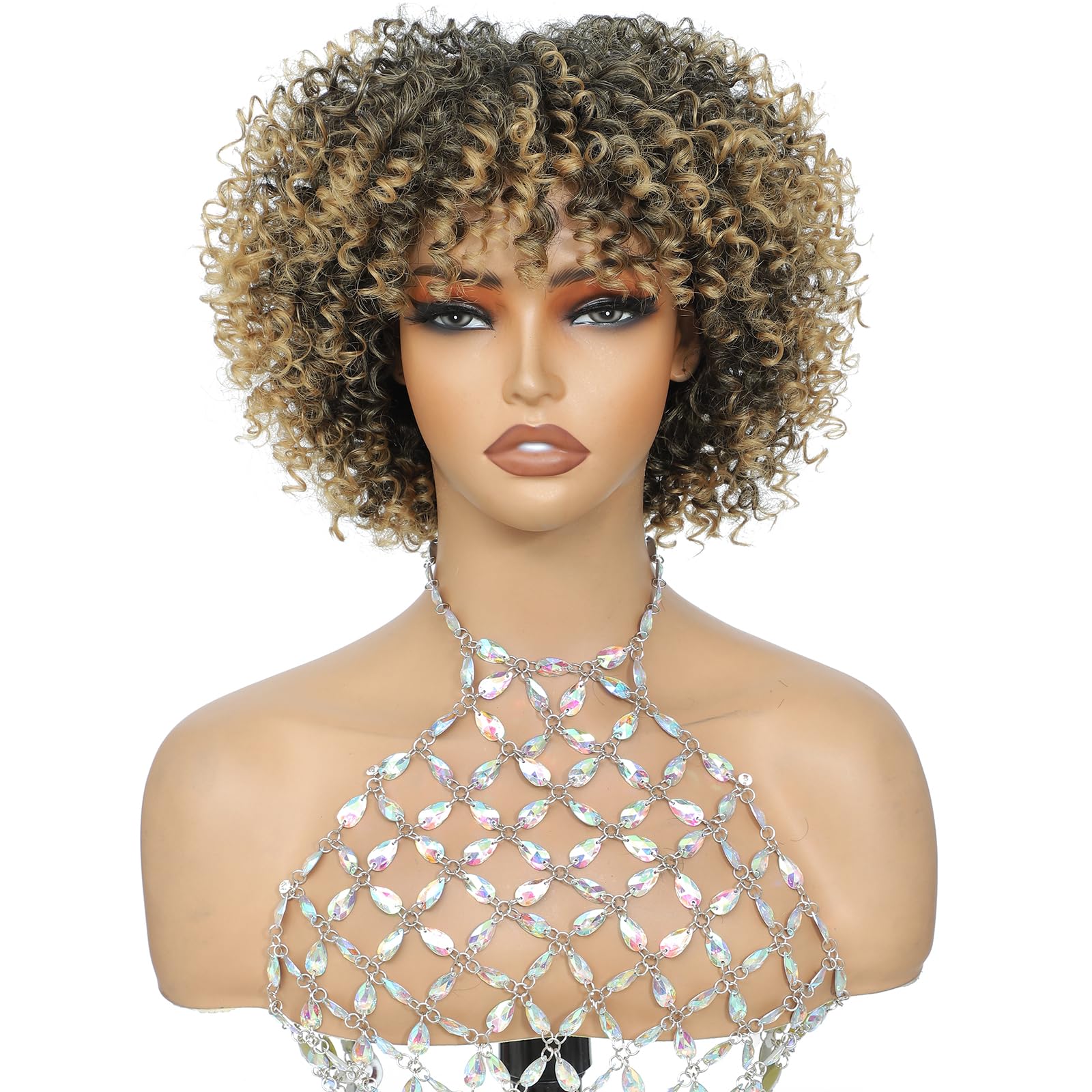 YOKABOOM Honey Blonde Short Curly Wig with Bangs Ombre Dirty Blonde Highlight Curly Bang Wigs Kinky Curly Wig Glueless Synthetic Afro Wigs for Women