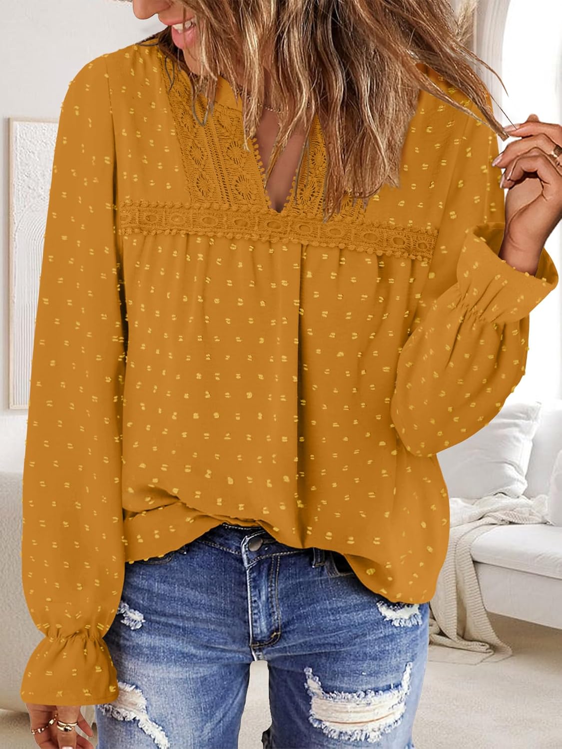 BETTE BOUTIK Womens Boho Fall Fashion Tops Long Sleeve Casual Shirts Flowy Swiss Dot Blouses - Image 4