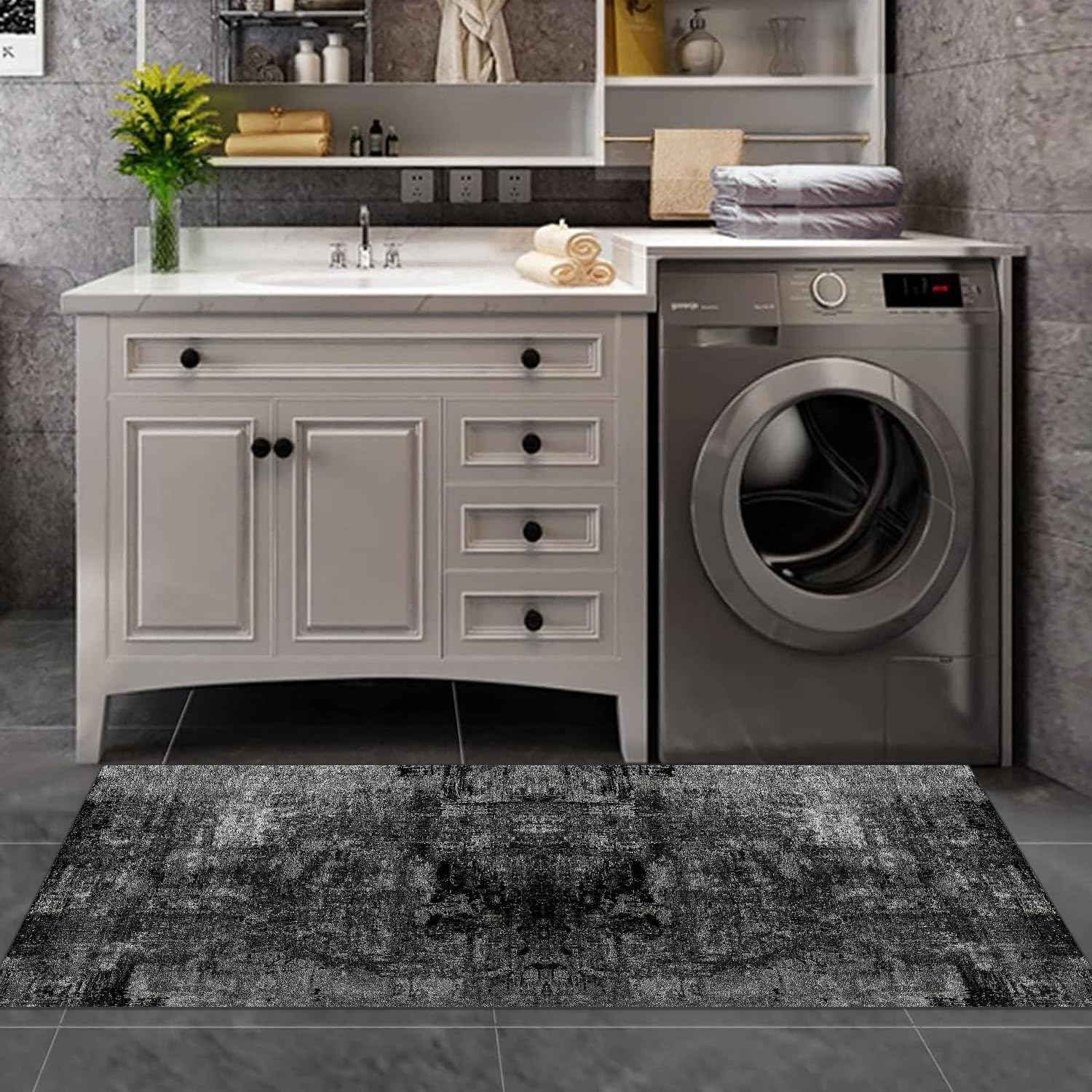 Läufer Flur Küche Waschbar rutschfest Korridor Teppichmatten 90X200cm Lang Schwarzgrau Küchenteppich Flurteppich Läufer Schlafzimmer Esszimmer Polyester Teppichläufer Meterware Anpassbar