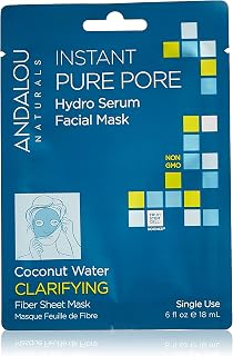 Andalou Naturals Instant Pure Pore Hydro Serum Facial Sheet Mask, Coconut Water, Clarifying, Non GMO, 0.6 Fluid Ounces (Pack Of 6)