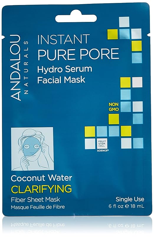 Andalou Naturals Máscara Facial em Folha com Sérum Hidro Pure Pore e Água de Coco, Pacote com 6
