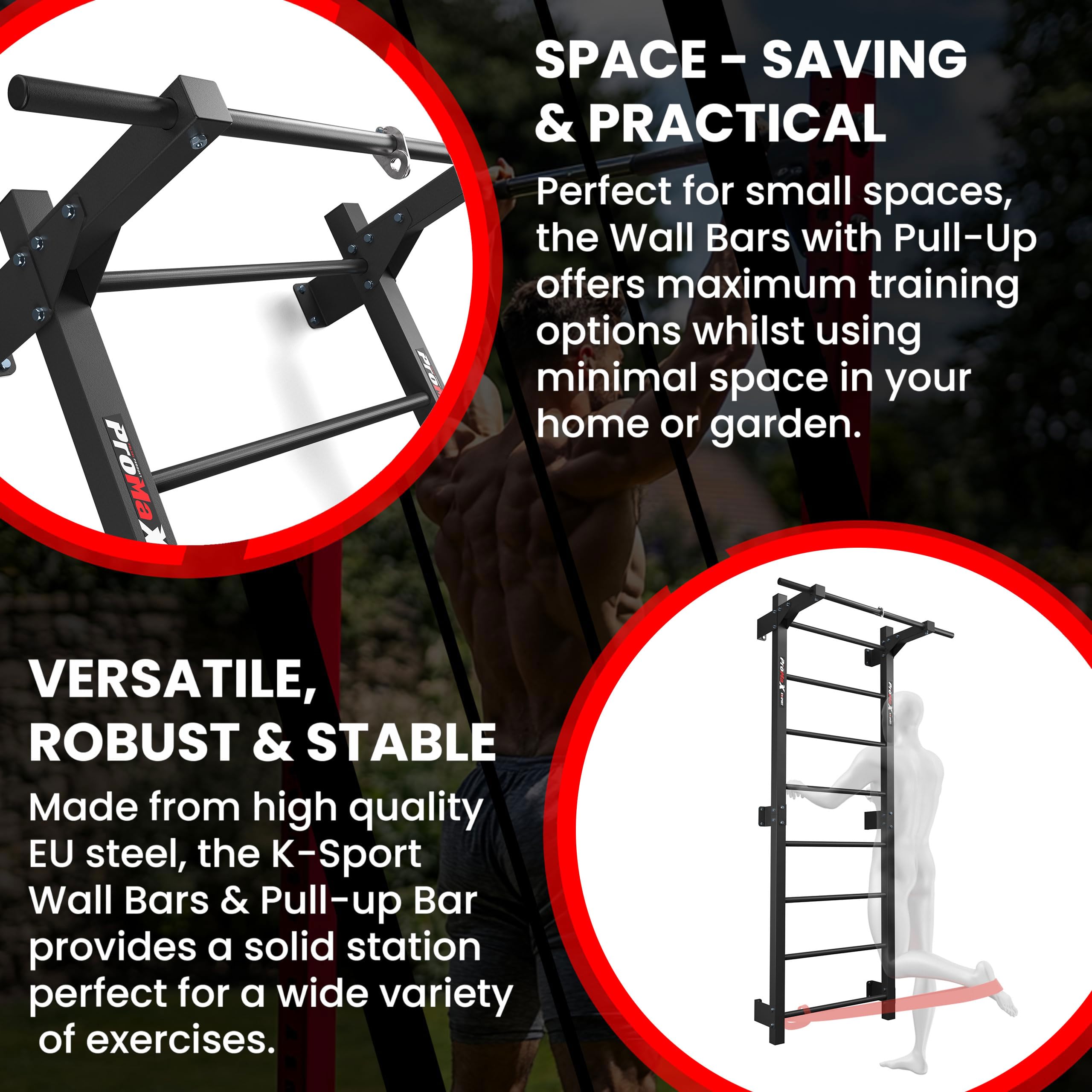 K-Sport: Pared de escalada con 8 peldaños, soporta hasta 250 kg, pared con barra de dominadas, pared de escalada de metal para montaje en pared para adultos y niños, incluye libro electrónico (idioma