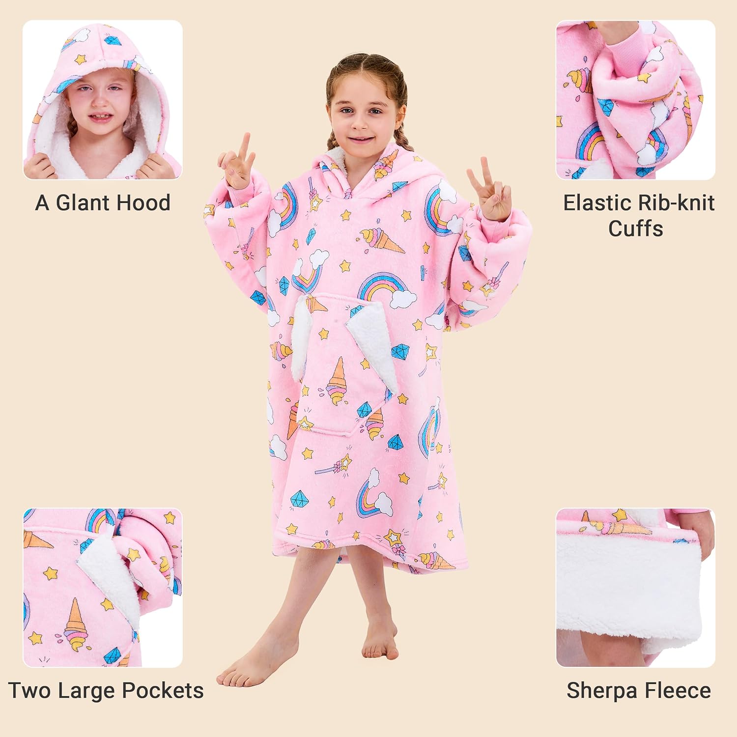 Ramees Wearable Blanket Hoodie for Kids, Sherpa Oversized Sweatshirt Blanket Flannel with Hood Pocket and Sleeves (Rainbow) - Image 5