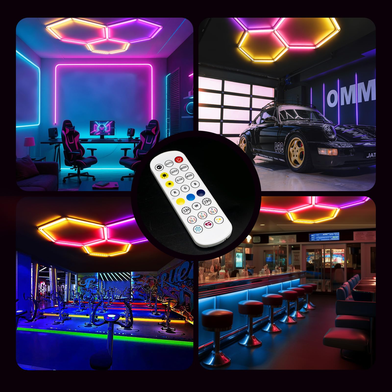 Illuminazione esagonale a LED RGB 3 Hex 144W luci soffitto esagonali | dimmerabili collegabili Luci esagonali RGB con telecomando/app per per sale palestra, bar, sala giochi, garage, seminterrato