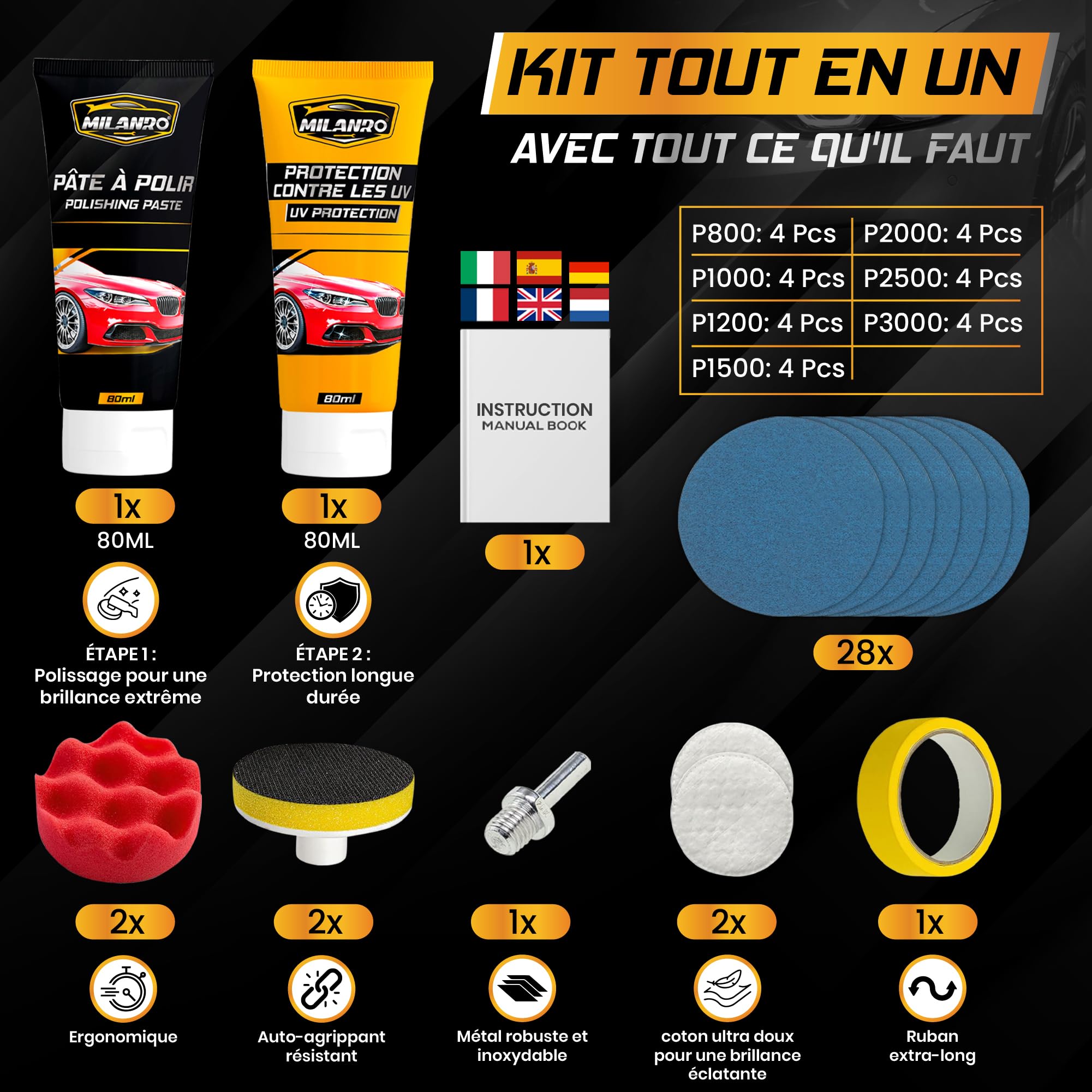 Kit de Rénovation Phare & Polisseuse Voiture - Lustreuse, Polish et Nettoyant pour Auto/Moto - Restauration Phare Opaque, Polissage, Protection Anti-UV, Papier à Poncer Inclus pour Finition Parfaite