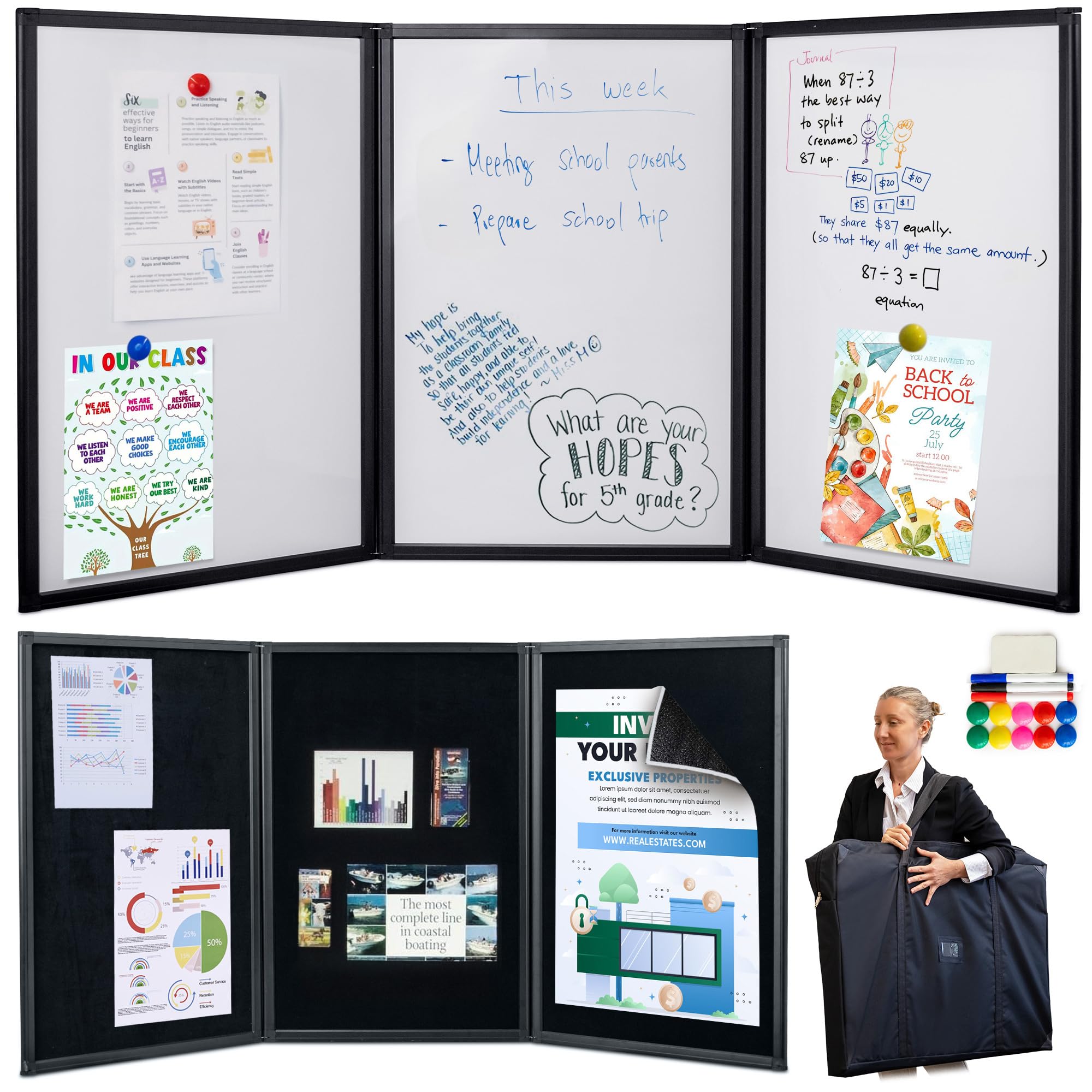 Tri-Fold-Panel-Display-Board | Magnetisches Whiteboard | Tri-Fold-Trockenlöschtafeln für Projekte | Mit Magneten, Radiergummi und Markern | Präsentationstafeln mit Tasche | Tri-Fold-Display-Board