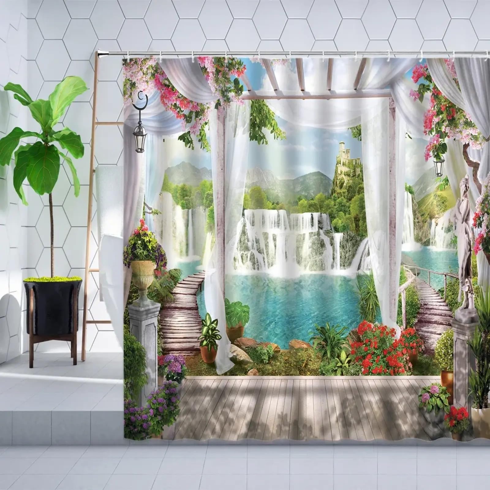 Rideau de douche paysage de printemps et fleurs 150x210cm pour décoration de salle de bain et bain