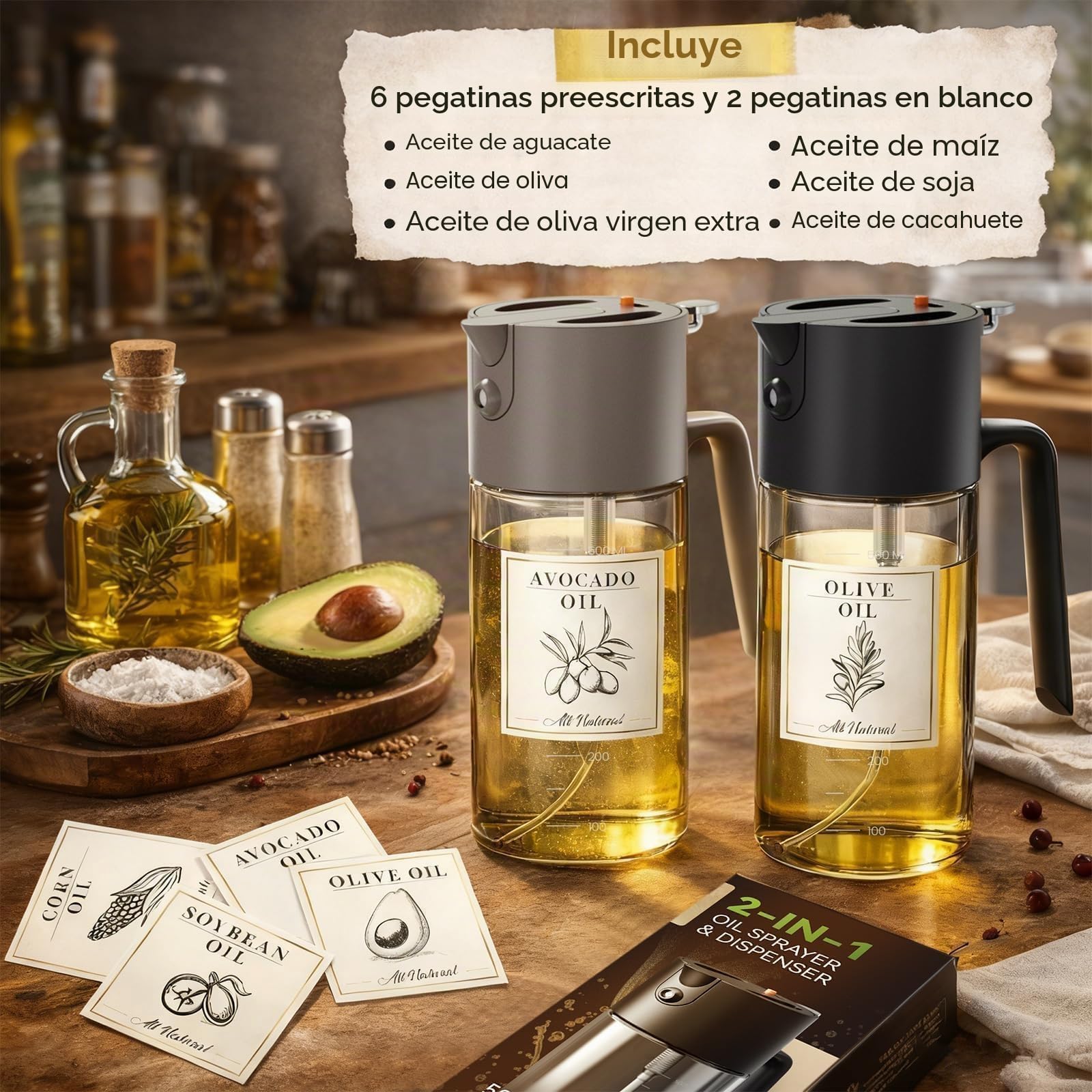 Costop Pulverizador profesional de aceite de vidrio de 500 ml, herramienta de cocina 3 en 1: niebla fina, flujo y vertido, diseño a prueba de fugas para freidora de aire, barbacoa y cocina, sin BPA