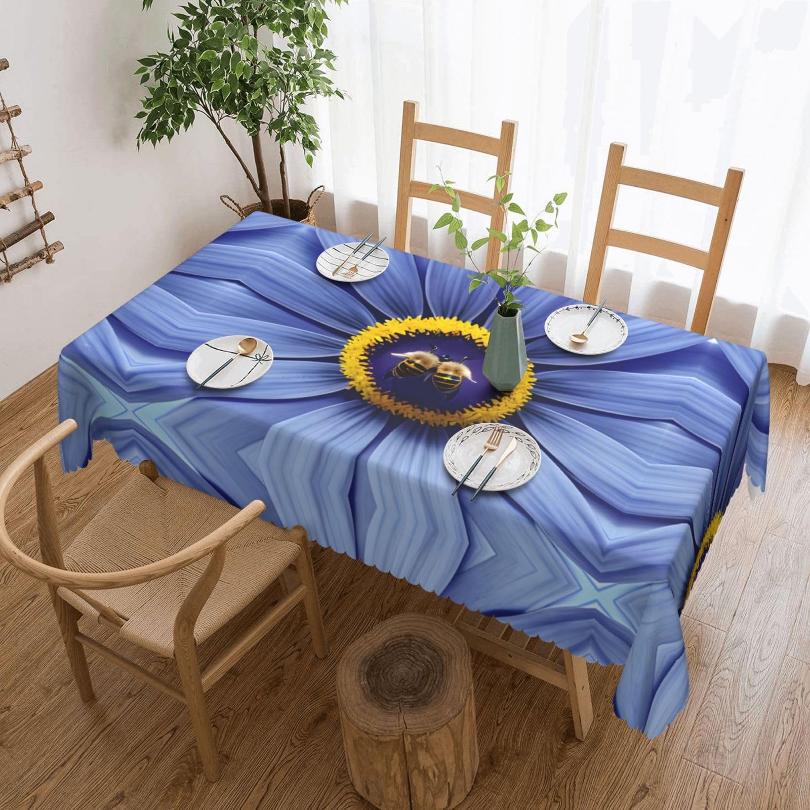 CNTDBU Flower heart bee Scalloped Edge Tablecloth 54x72-Waterproof Stain Resistant Wrinkle Free Cover, Square Table Cloth for Dining Party