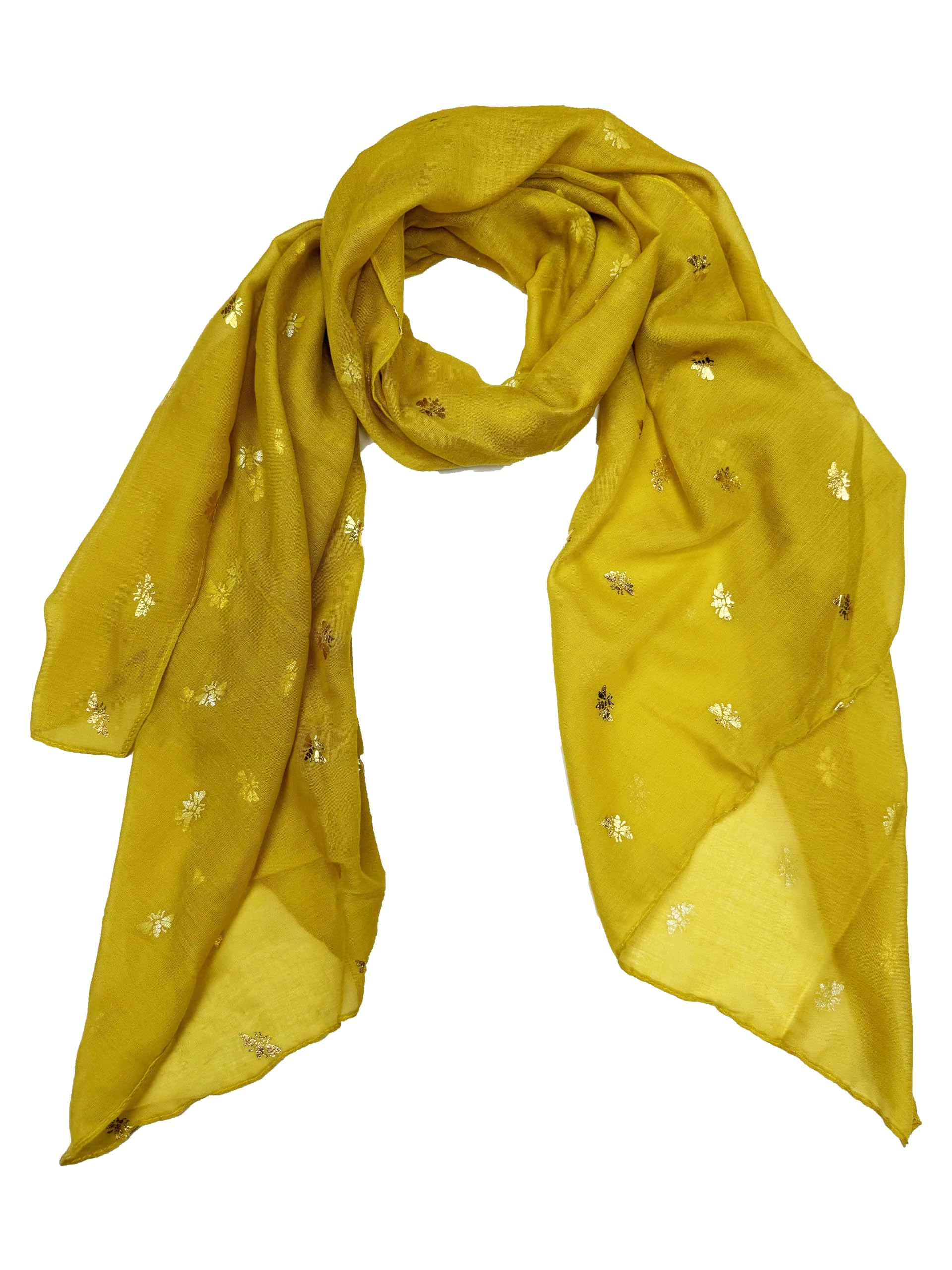 Zac's Alter Ego Women's Mustard Scarf With Gold Foil Metallic Glitter Bee Print