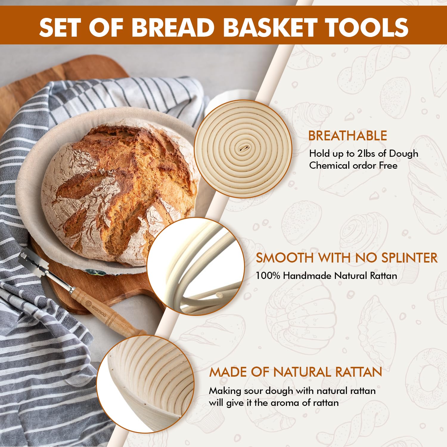 Sauerteig-Brotbackzubehör, Sauerteig-Starter-Set, 22,9 cm, runder Banneton-Brotgärkörbchen mit 680 ml Glas, Sauerteig-Werkzeuge mit dänischem Teigbesen und Schaber