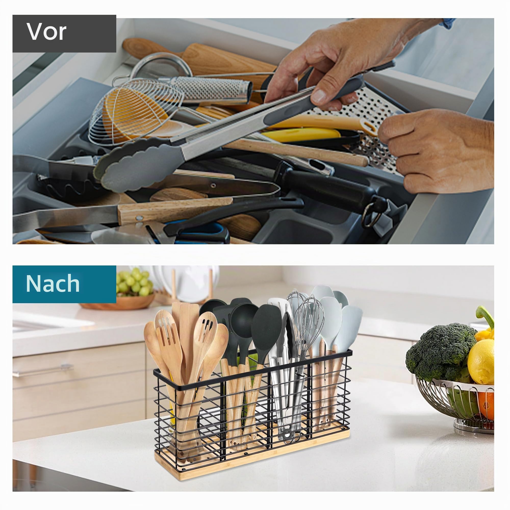 Suli Extra großer Küchenutensilienhalter mit 4 Fächern, mattschwarzer Metallhalter mit Holzsockel für Küchenarbeitsplatte, Bauernhaus-Kochutensilienaufbewahrung, rustikale Kochutensilien
