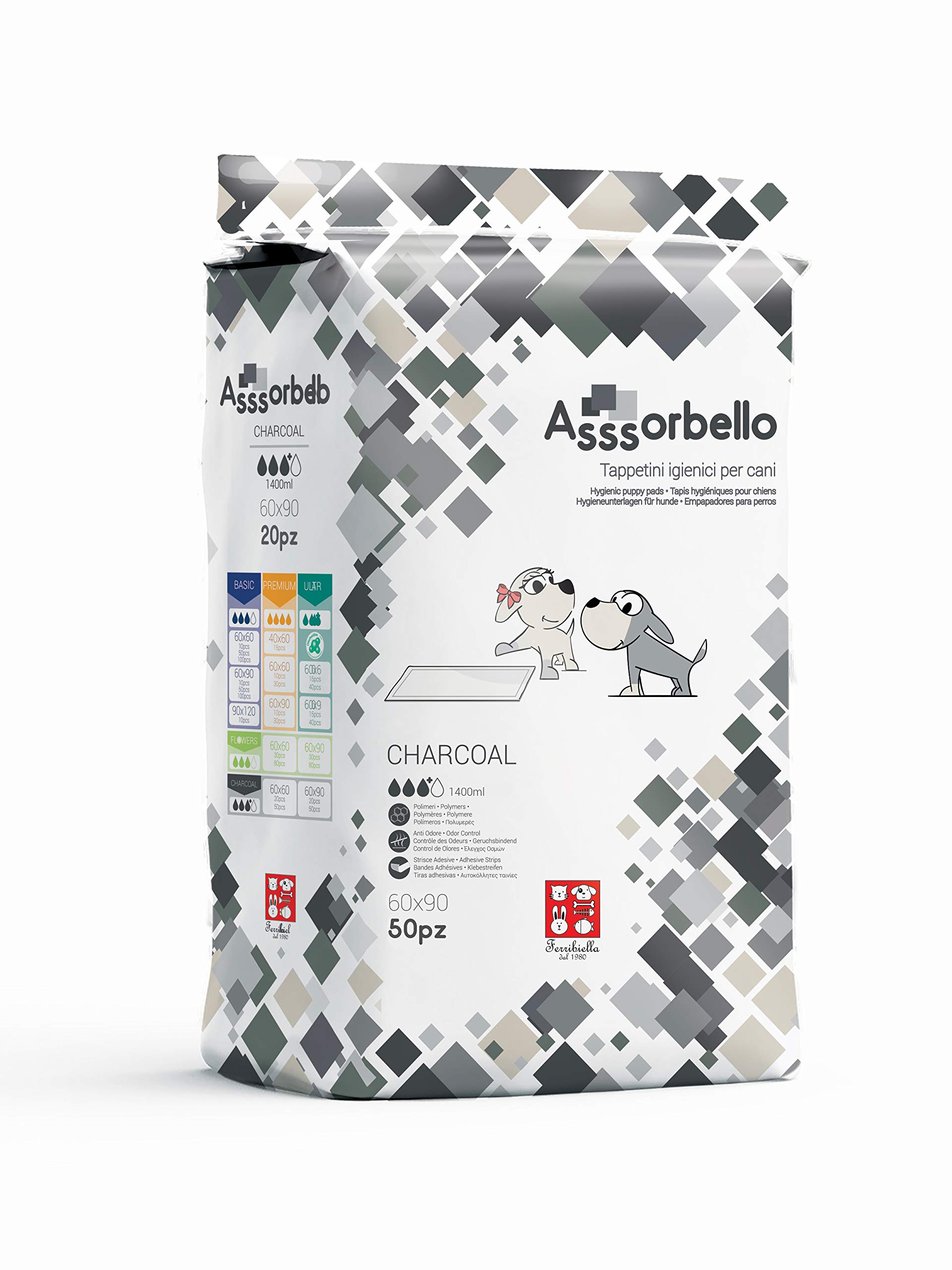 FERRIBIELLA Alèse Jetable Ultra Absorbante au Charbon Tapis pour Chiot, Apprentissage de la Propreté–Protection Hygiénique Imperméable - Confort et Sécurité - 50-Pièces Charcoal Pads - H60 x L90 cm