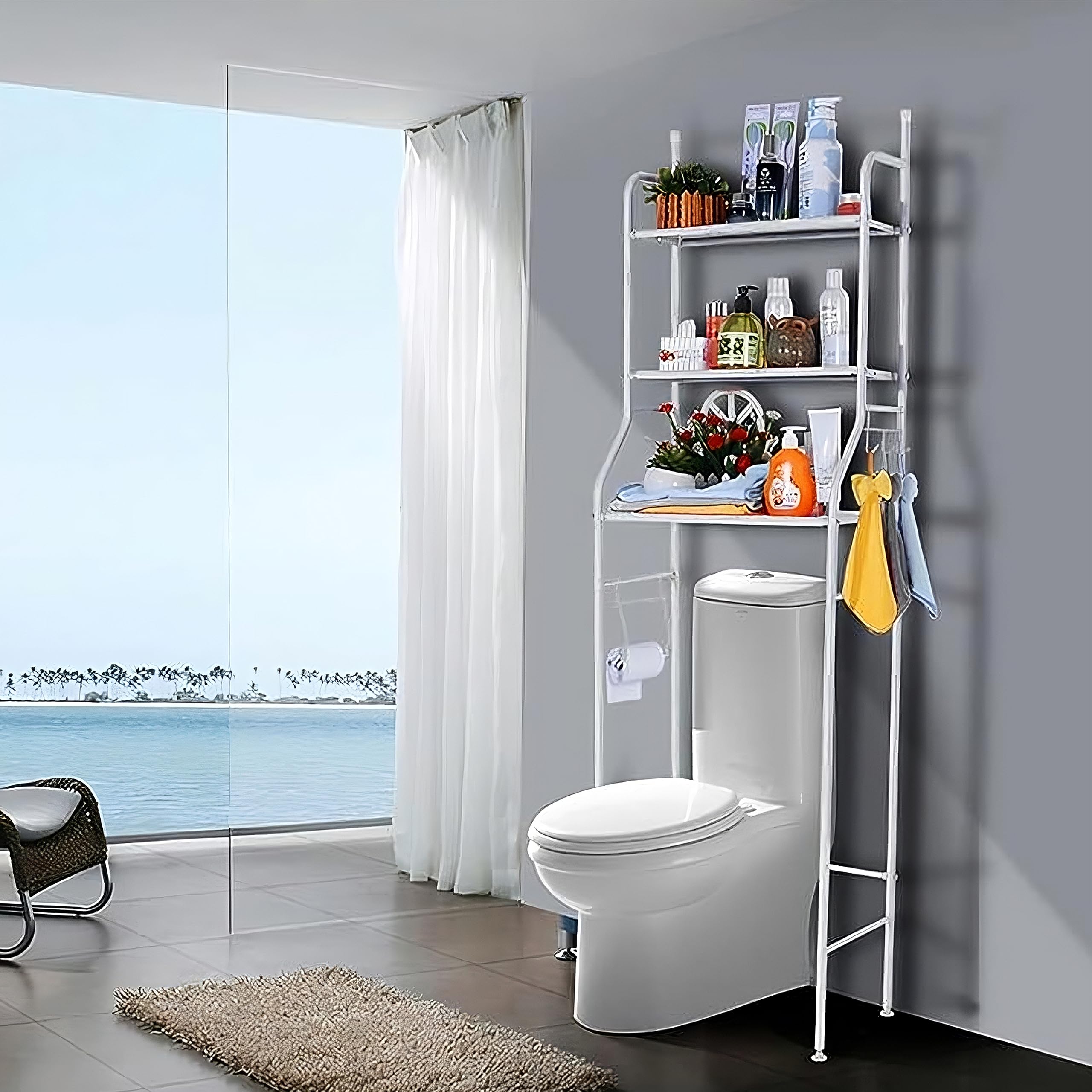 Retoo Toilettenregal, Badezimmerregal, Waschmaschinenregal, 3 Badregal offenen Ablagen, WC Regal, Platzsparend, Leicht zu montieren, Waschmaschinenüberbau Multifunktional mit viel Stauraum
