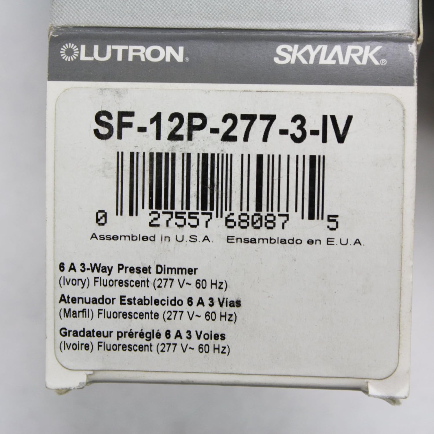 Lutron Skylark Dimmer Switch with Preset | 3-Wire Fluorescent | 277V, 6-Amp, 3-Way | SF-12P-277-3-IV | Ivory