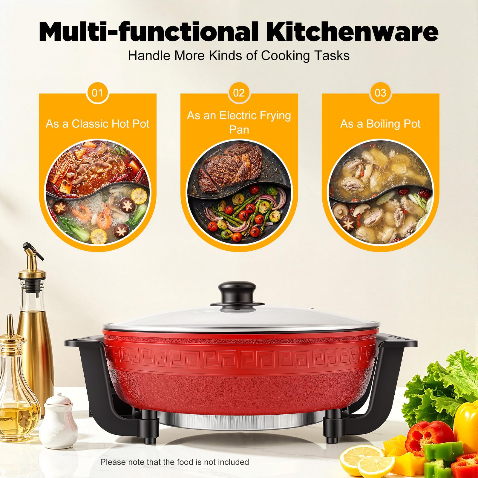 Padella elettrica, 6 l, 1360 W, con coperchio in vetro