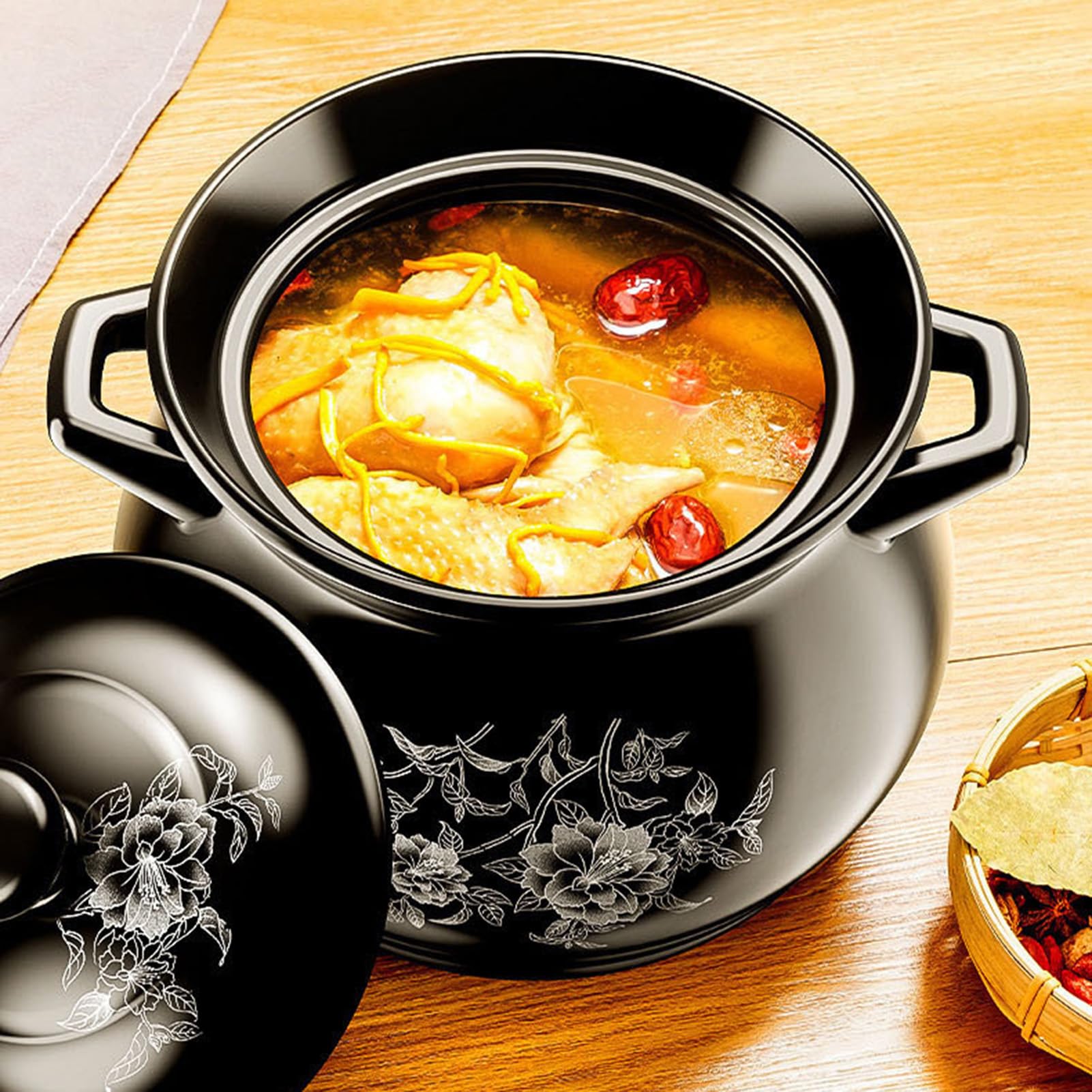 Olla de cerámica para guisos, Cacerolas negras con tapa, estofado for olla de barro resistente al calor(5.5L/5Quarts)