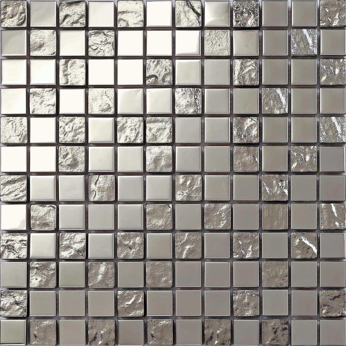Polished Stainless Steel and Textured Silver Glass Mosaic Wall Tiles (MT0129) (1 Sheet)