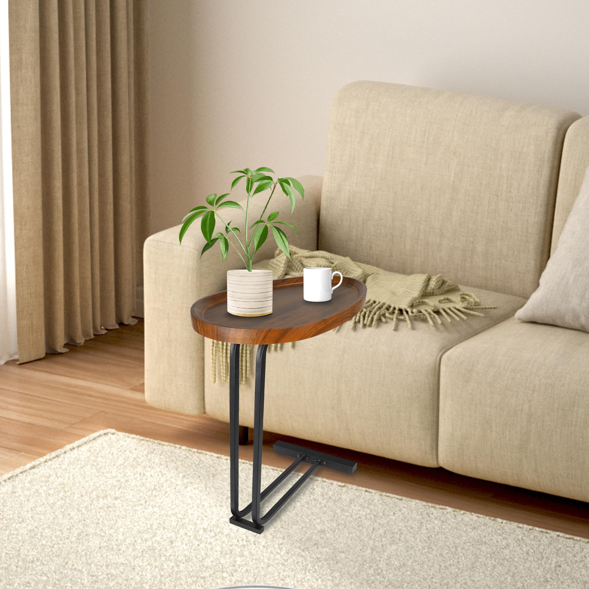 BplusZ C-Shaped End Table, Small Side Table TV Tray for Couch, Sofa Bedroom and Living Room, Coffee Table with Metal Frame Brown