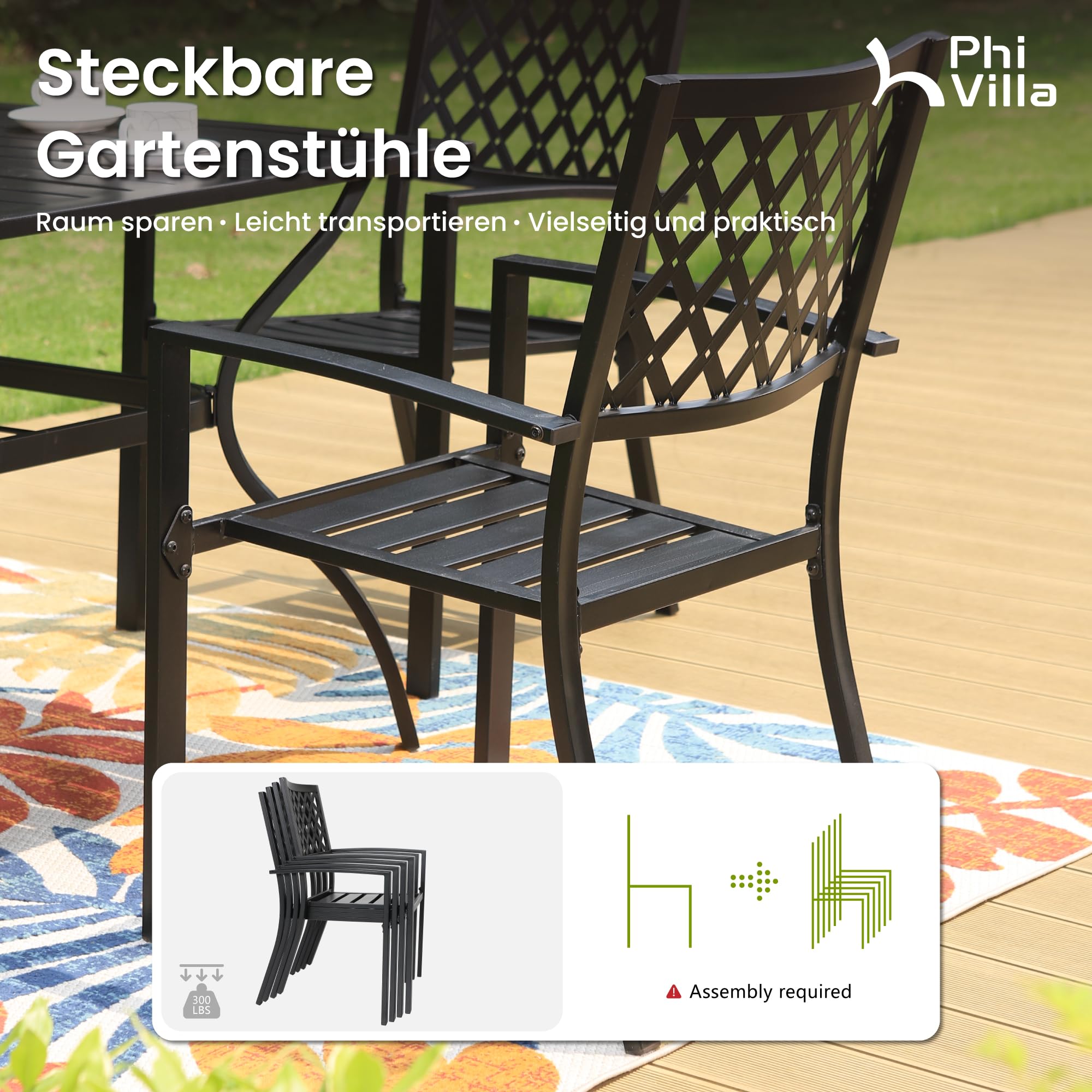 PHI VILLA Metall Gartenmöbel Set 6 stühle mit Tisch Wetterfest Schwarz | E-Beschichtung Rostfest Metall Sitzgruppe Outdoor, Stapelbare Stühle für Platz Sparen, 6 Personen, Terrasse, Veranda, Deck