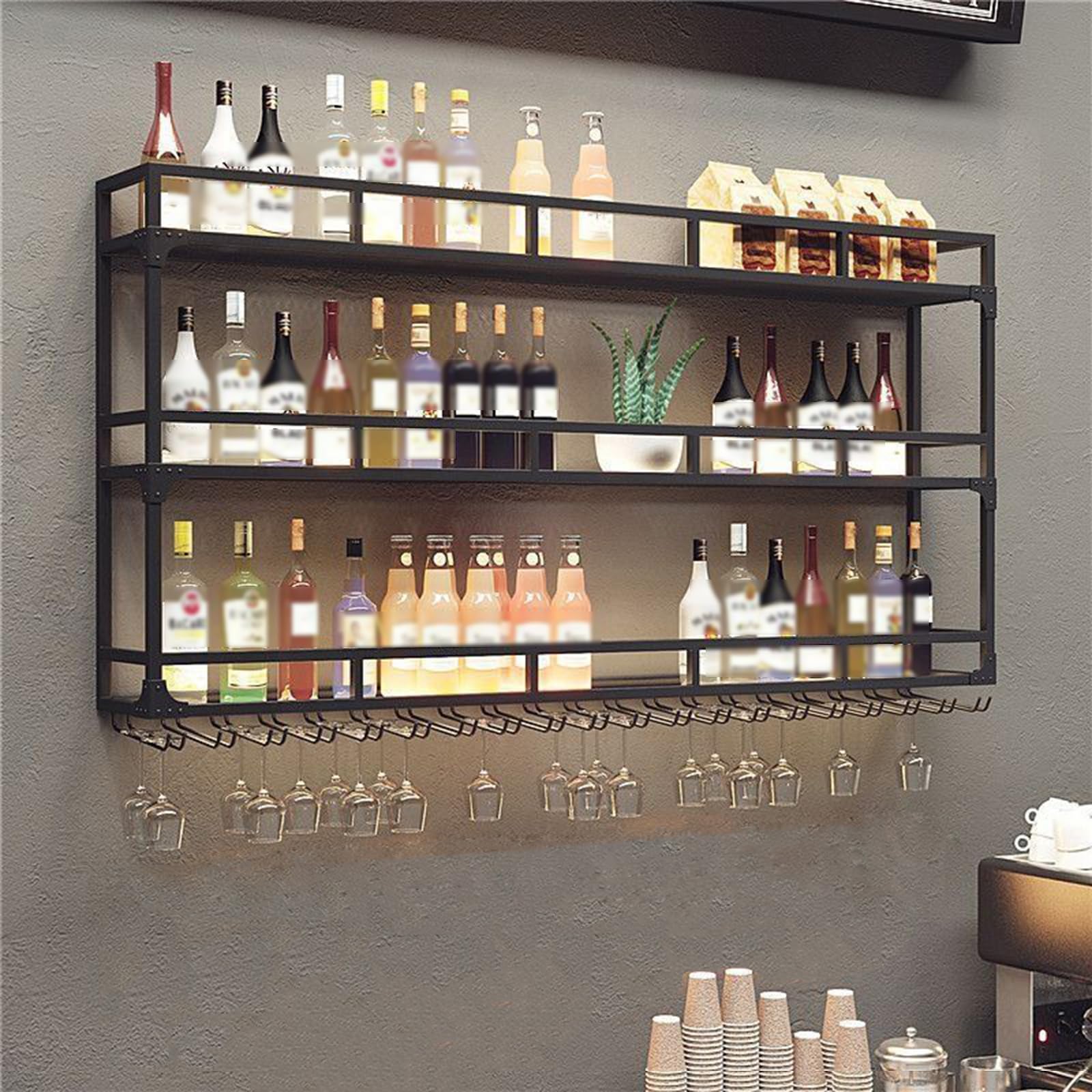 Meuble bar mural en fer noir porte-bouteille de vin et verres suspendus