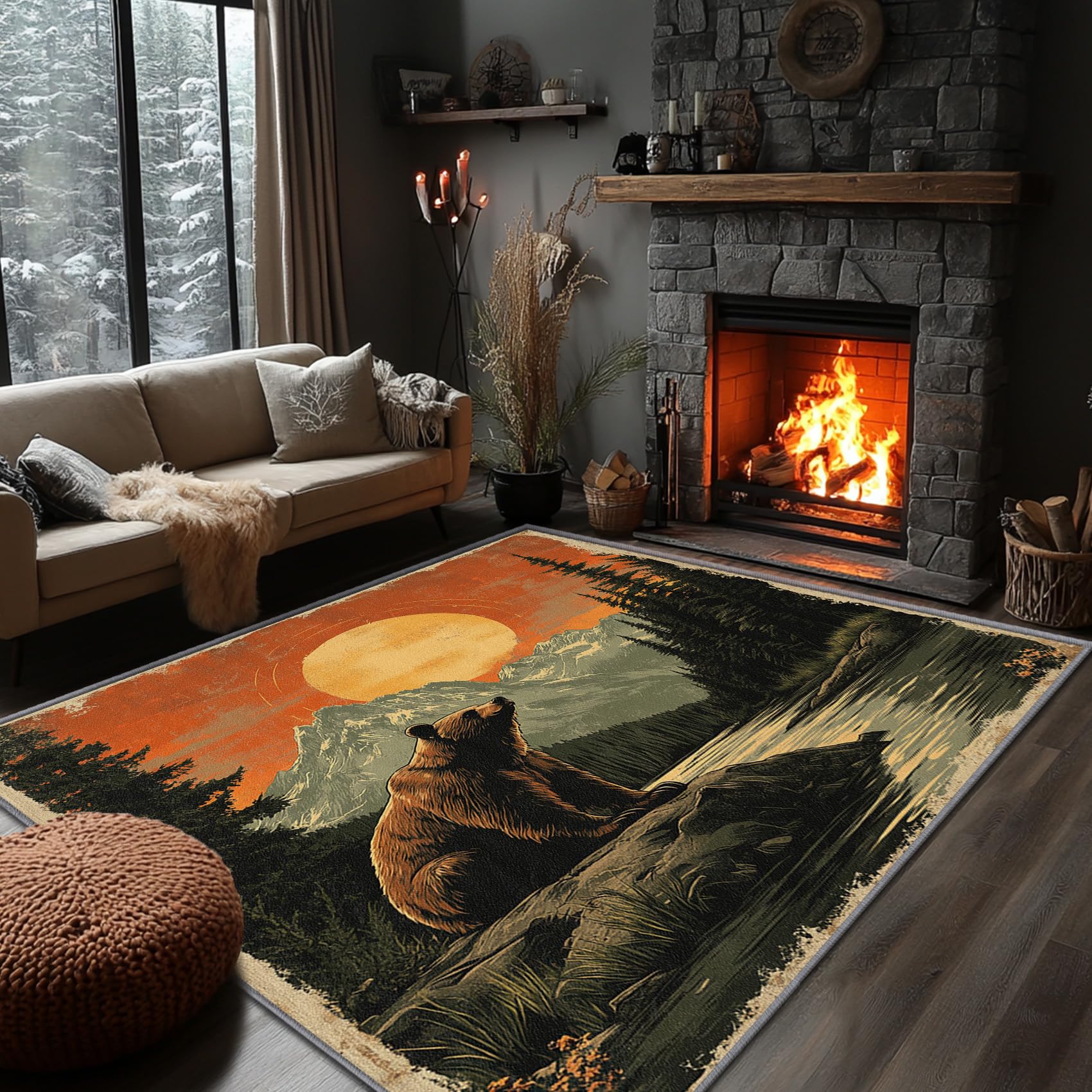 Yoozitrees Bear Rugs for Cabin - Bear Rug, 5x8 Rug, Rustic Wildlife Sunset Landscape Area Rug, Forest Mountain Animal Carpet, Washable & Non Slip &