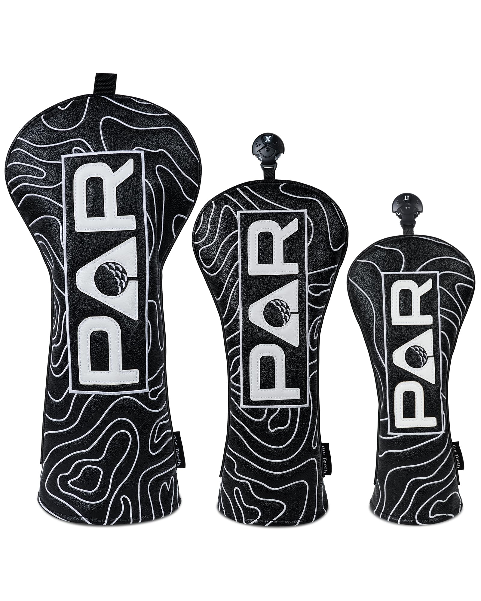 Golf Club Head covers Wood Set 3 PACKS 1FH DR FW UT for Driver Fairway Hybrid with No.Tag Elastic Closure Black PU Leather White PAR Pattern — image 1